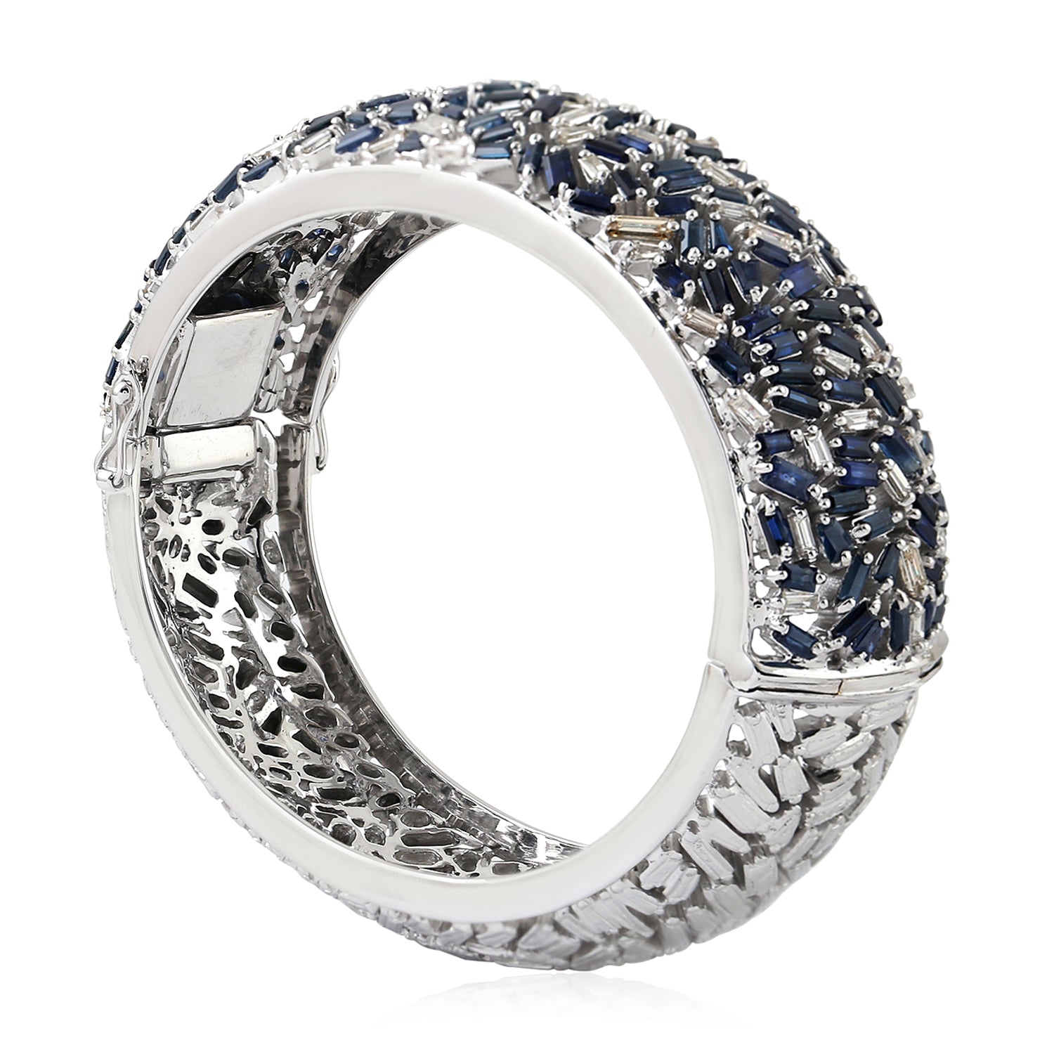 Blue Sapphire Baguette Cut Diamond Bracelet in 18K White Gold & 925 Sterling Silver - Elegant Jewelry for Weddings, Anniversaries & Special Occasions