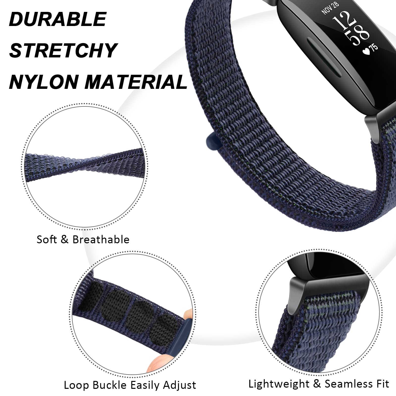 Breathable Nylon Replacement Bands for Fitbit Inspire 2 & Inspire HR - Soft Adjustable Wristband for Women & Men - Perfect for Workouts, Running & Daily Wear