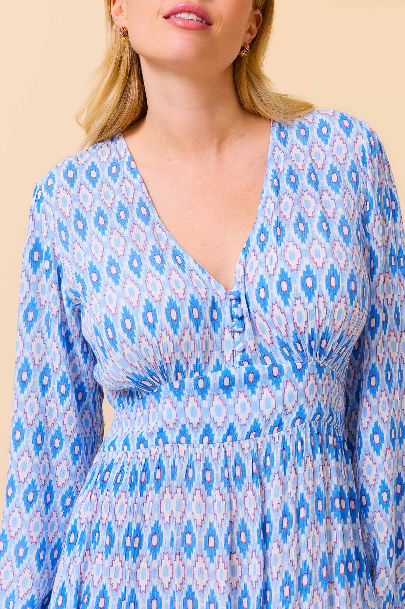 Camila Dress - Aztec Print Light Blue & Red Floral Maxi Dress for Women | Boho Chic Summer Dress for Beach, Vacation & Casual Wear