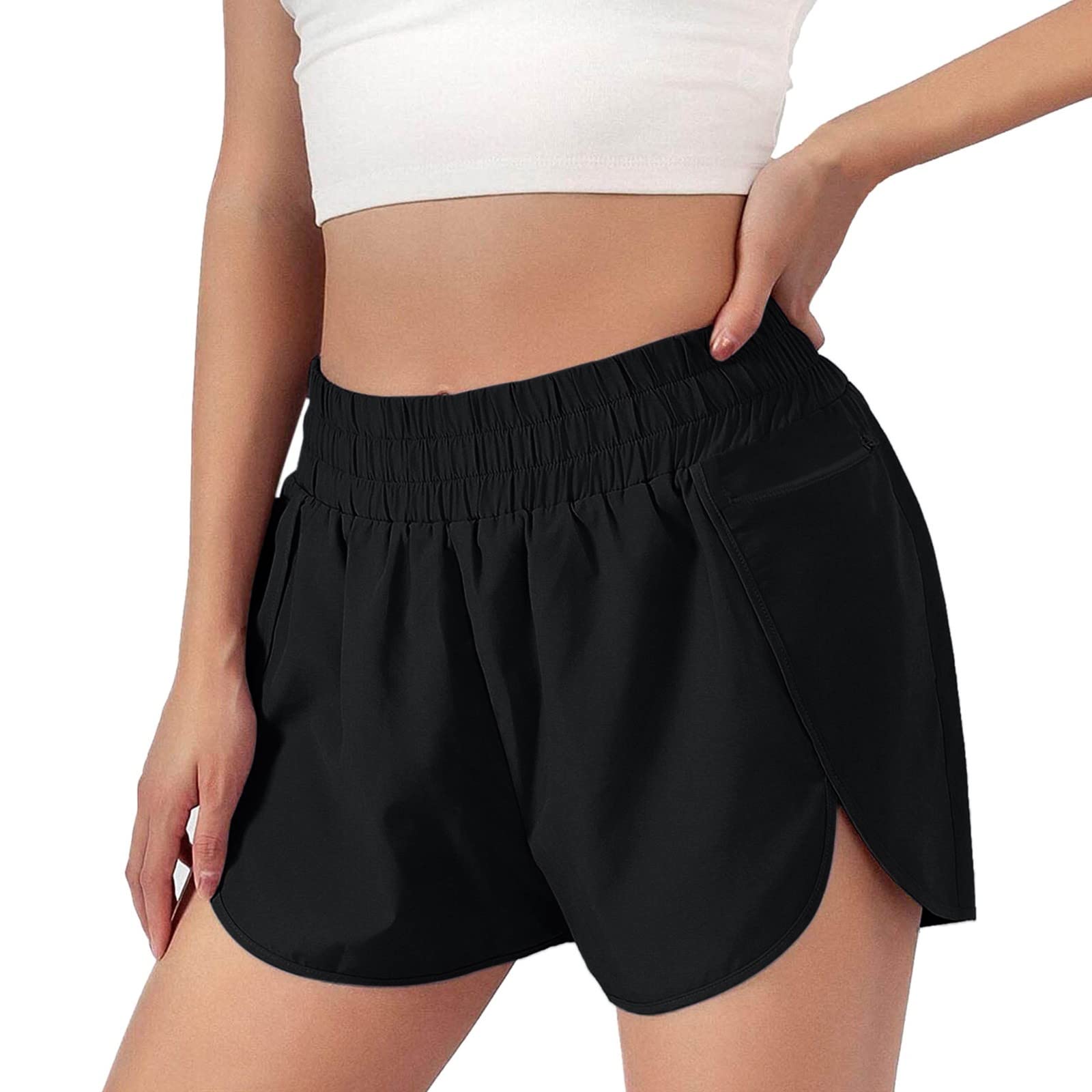 Niuwa Women's High Waist Yoga Shorts - Quick Dry Workout Running Shorts with Pockets - Stretchy Athletic Sports Shorts for Gym, Pilates & Lounge (Black, XXL)
