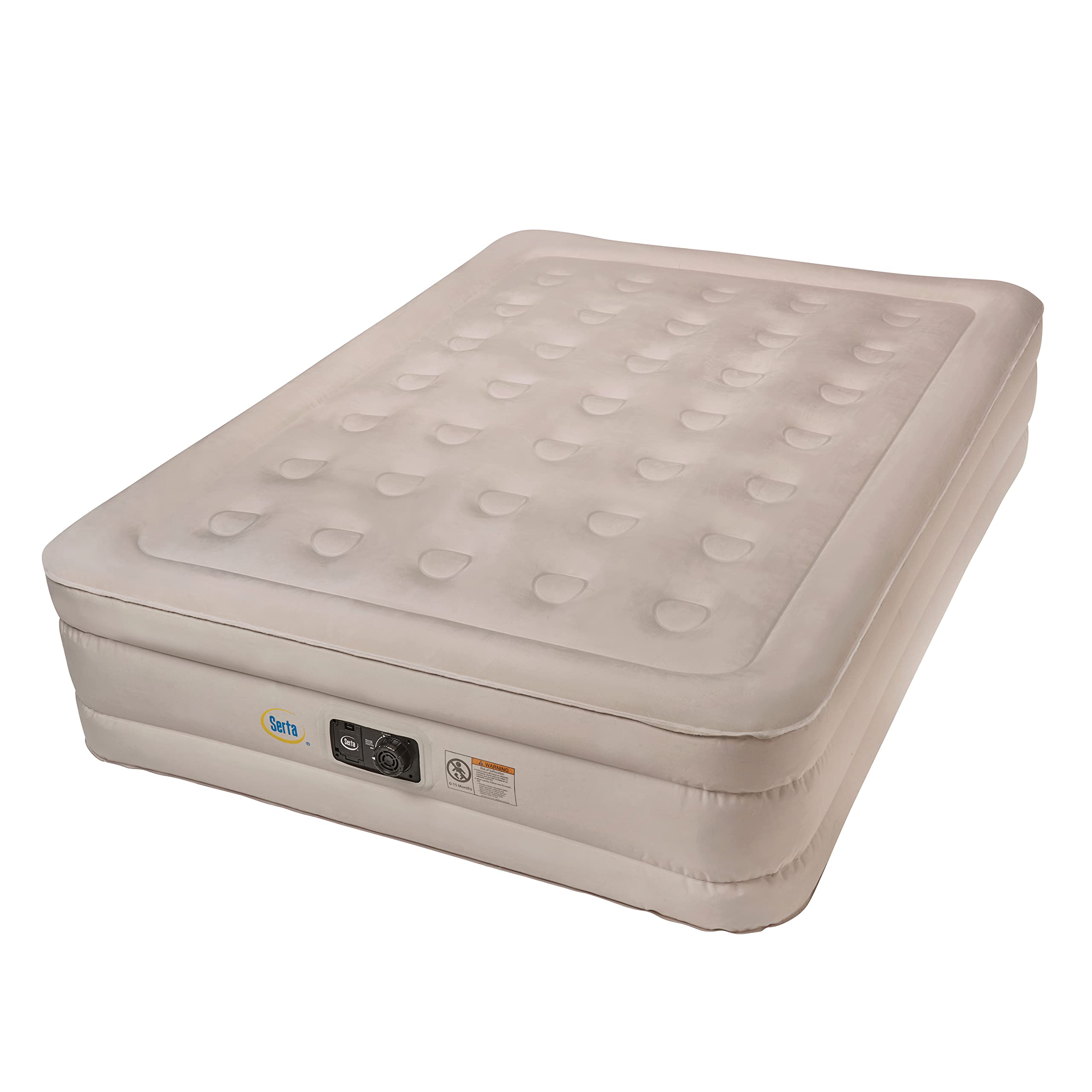 Serta Raised 18 Inch Queen Air Mattress with NeverFlat Fabric Technology & Built-in AC Pump - Extra Tall Inflatable Bed for Guests, Camping & Home Use (Tan)