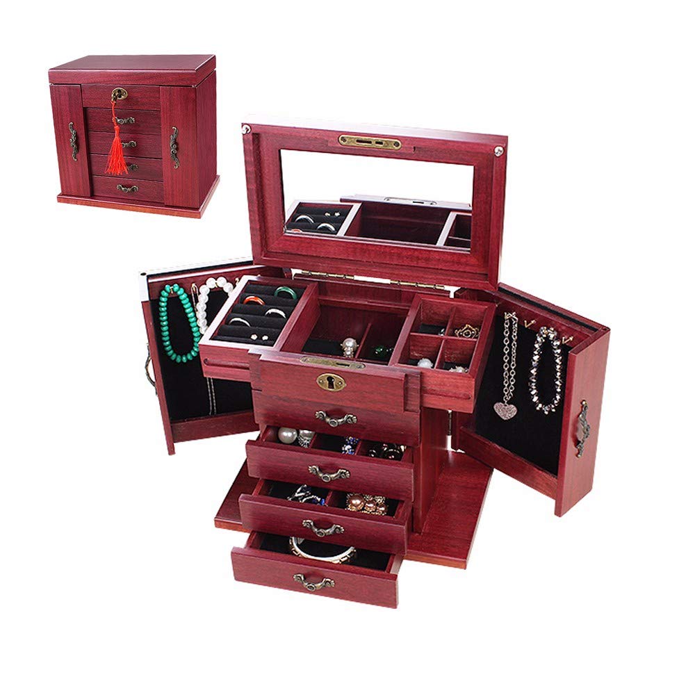 DLRUIHENGXIANGMU Large Rosewood Solid Wood Jewelry Box with Lock - Built-in Mirror Jewelry Storage Organizer for Necklaces, Rings & Earrings - Perfect for Bedroom Vanity, Wedding Gift & Travel Jewelry Case