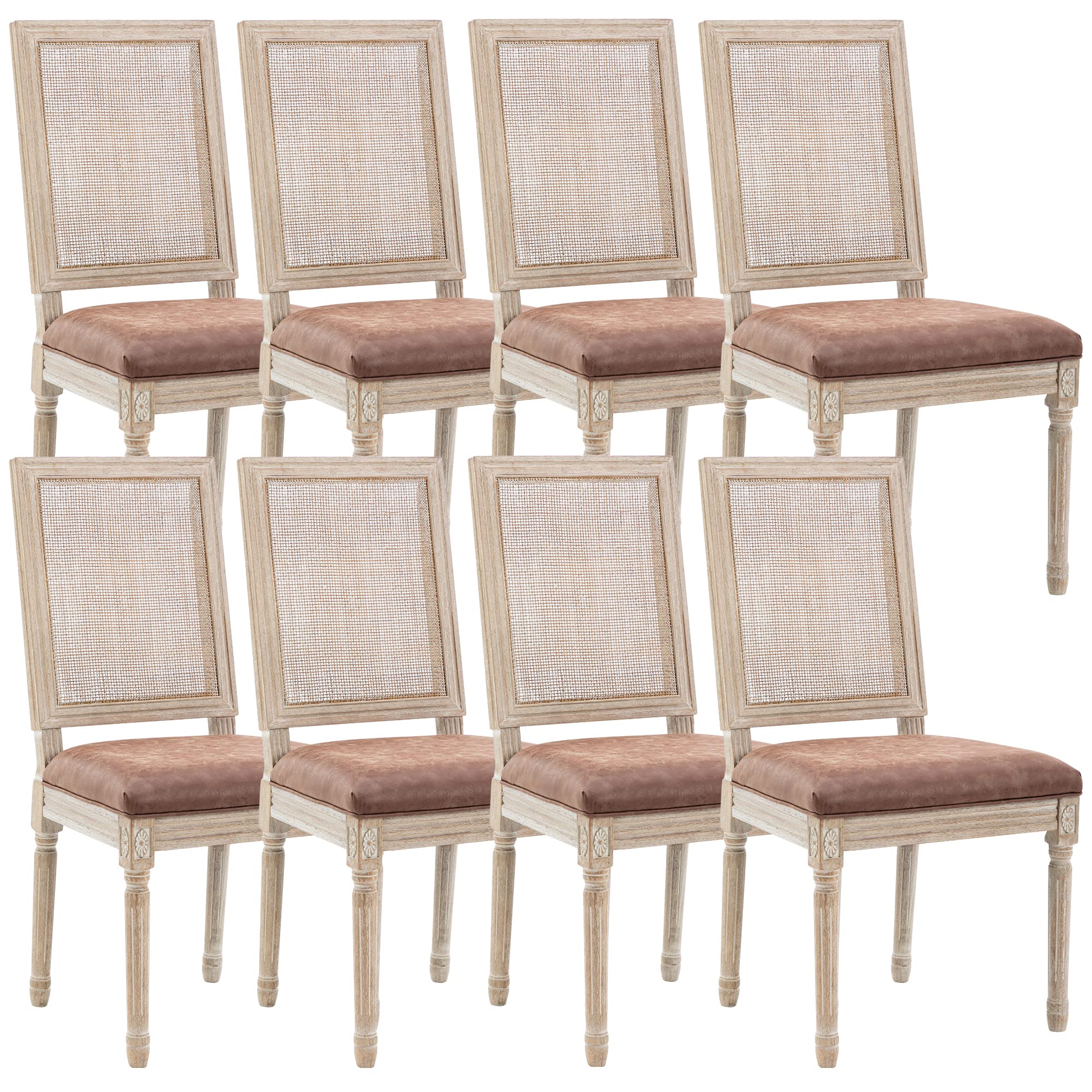 Farmhouse Rattan Dining Chairs Set of 8 - French Country Leather Upholstered Chairs with Square Back & Rustic Wood Legs - Kitchen, Restaurant, Dining Room & Living Room Side Chairs - Perfect for Farmhouse Decor, Rustic Weddings & Cozy Home Dining (Brown, 8-Piece Set)