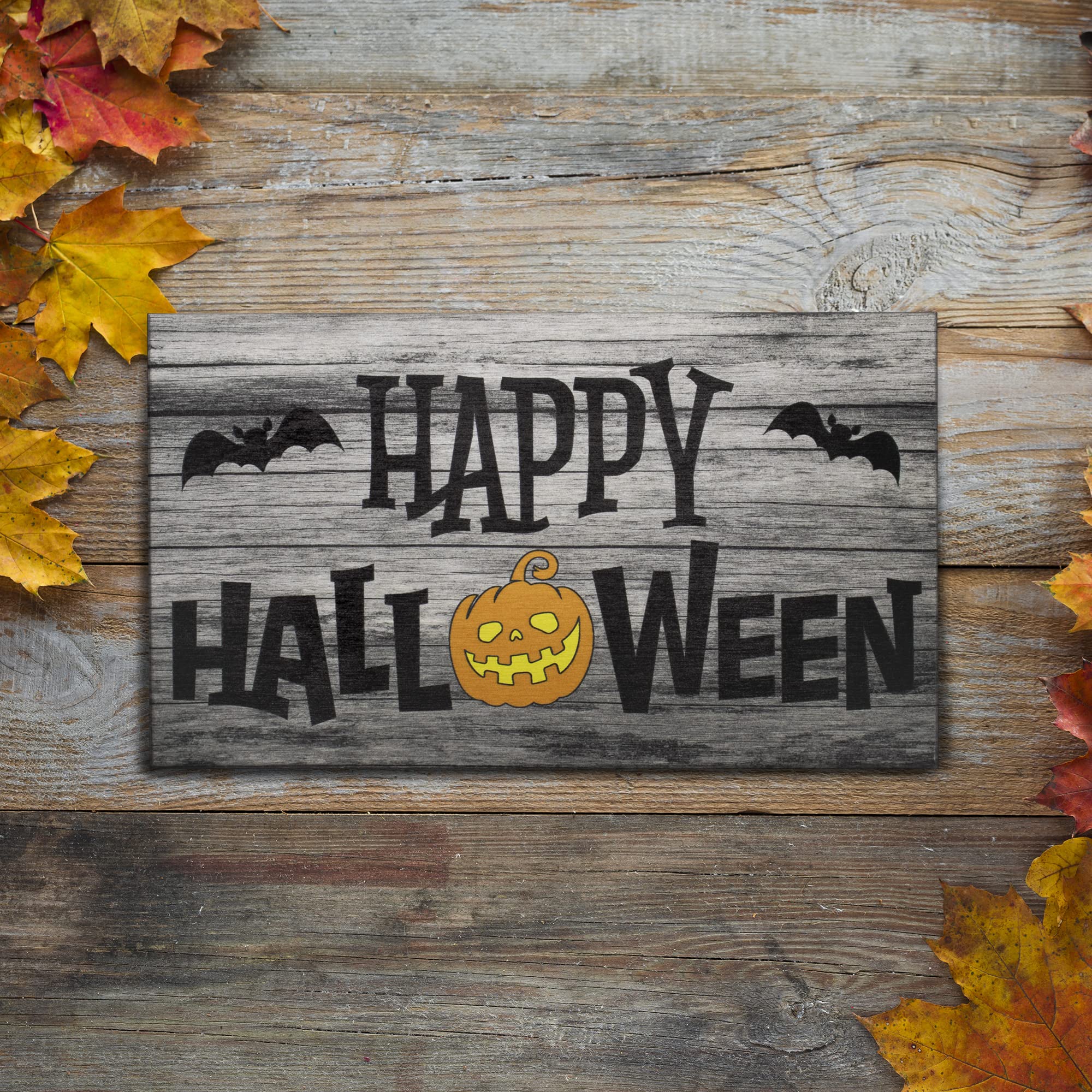 JennyGems Halloween Wooden Sign - Happy Halloween Indoor Decor with Bats & Pumpkin Design - Made in USA - Perfect for Halloween Party, Home, Porch & Table Decoration