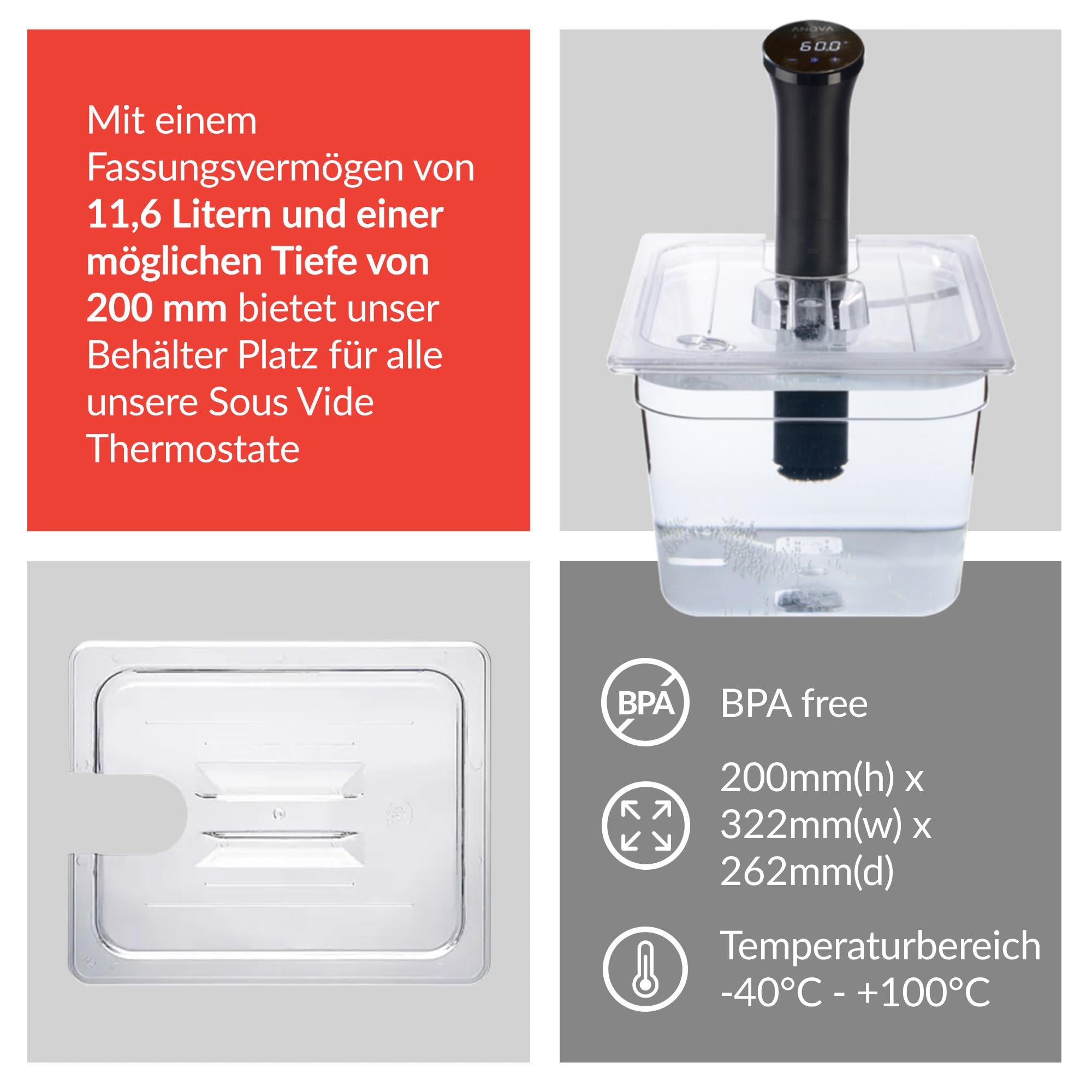 Sous Vide Container 11.6L Water Tank - Compatible with Anova Nano Cooker | Perfect for Home Kitchen, Meal Prep & Professional Sous Vide Cooking