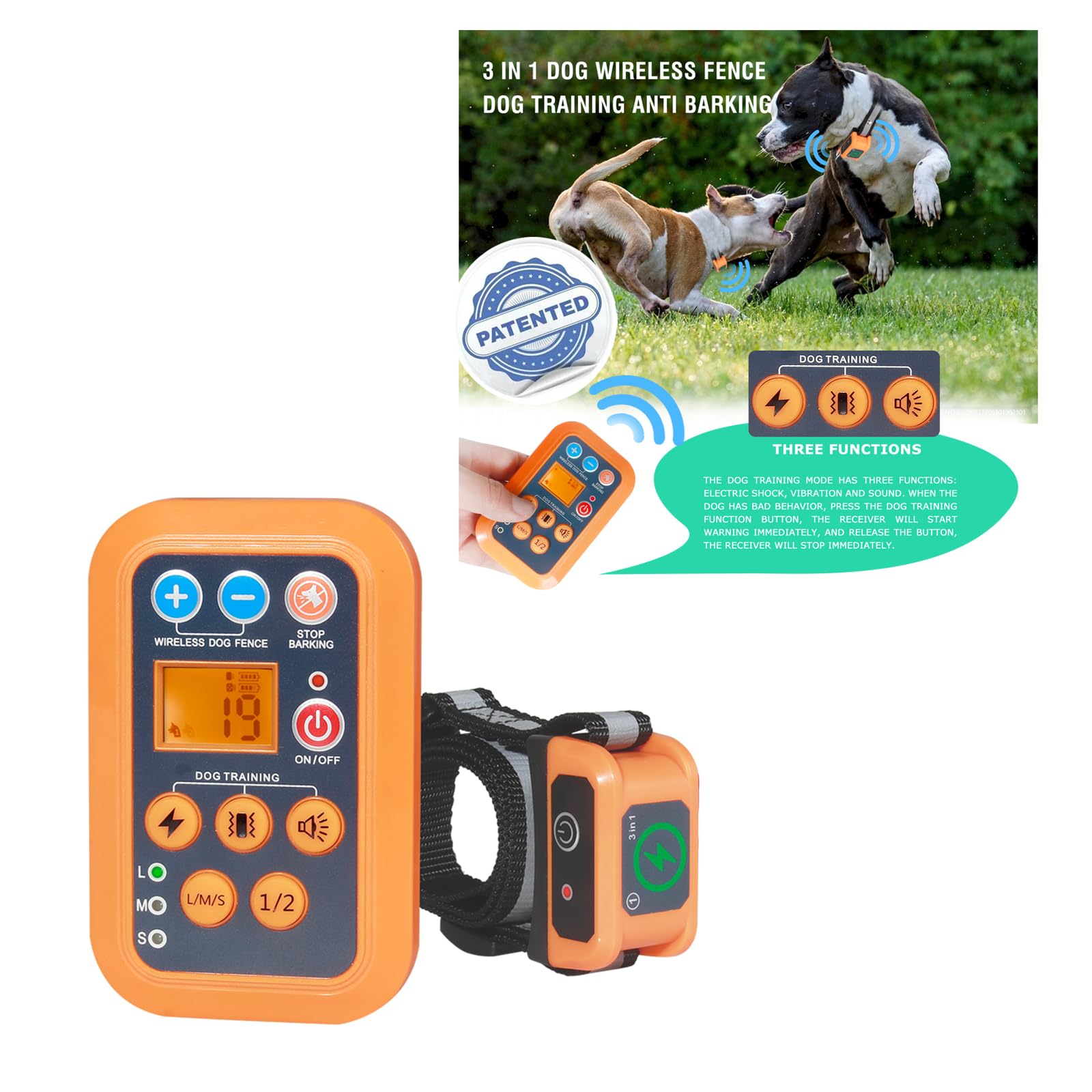3-in-1 Wireless Dog Fence System with Remote Training Collar - Automatic Bark Control, Electric Containment & Waterproof Design | Perfect for Backyard Security, Dog Training & Noise Reduction