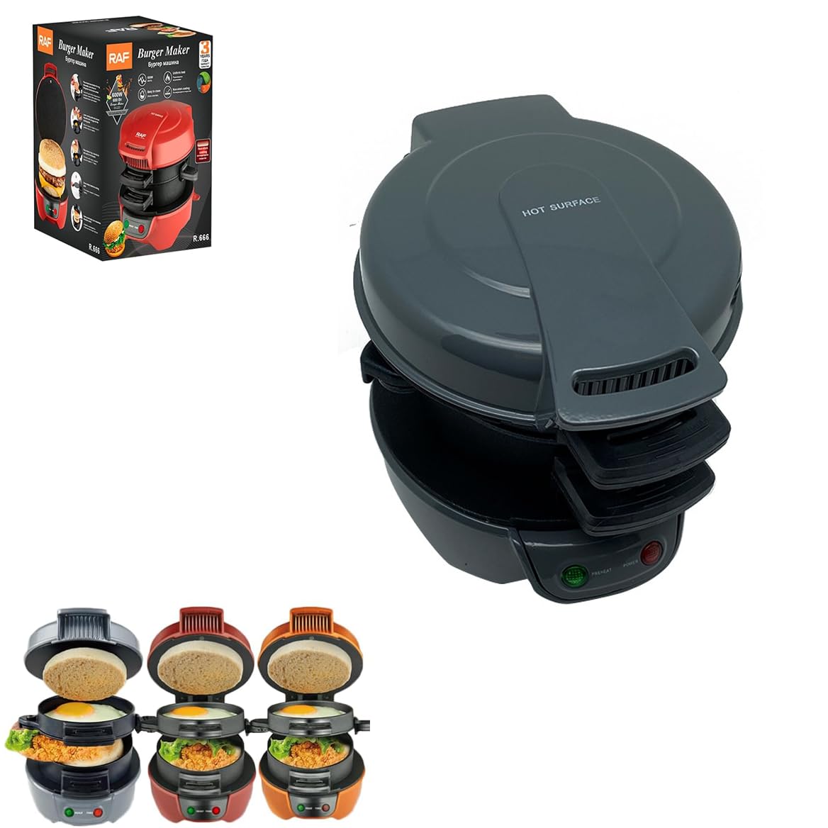 600W Electric Raf Burger Maker & Breakfast Sandwich Press with Egg Cooker Ring - Silver Grey Waffle Maker for Quick Meals, Burgers & Sandwiches - Perfect for Home Kitchen, Camping & Office Snacks