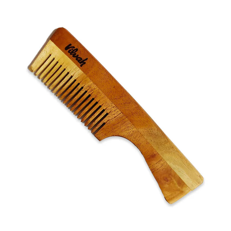 Organic Neem Wood Comb with Handle for Hair Care - Detangles, Reduces Frizz & Promotes Scalp Health - Perfect for Daily Use, Travel & Natural Hair Care Routine