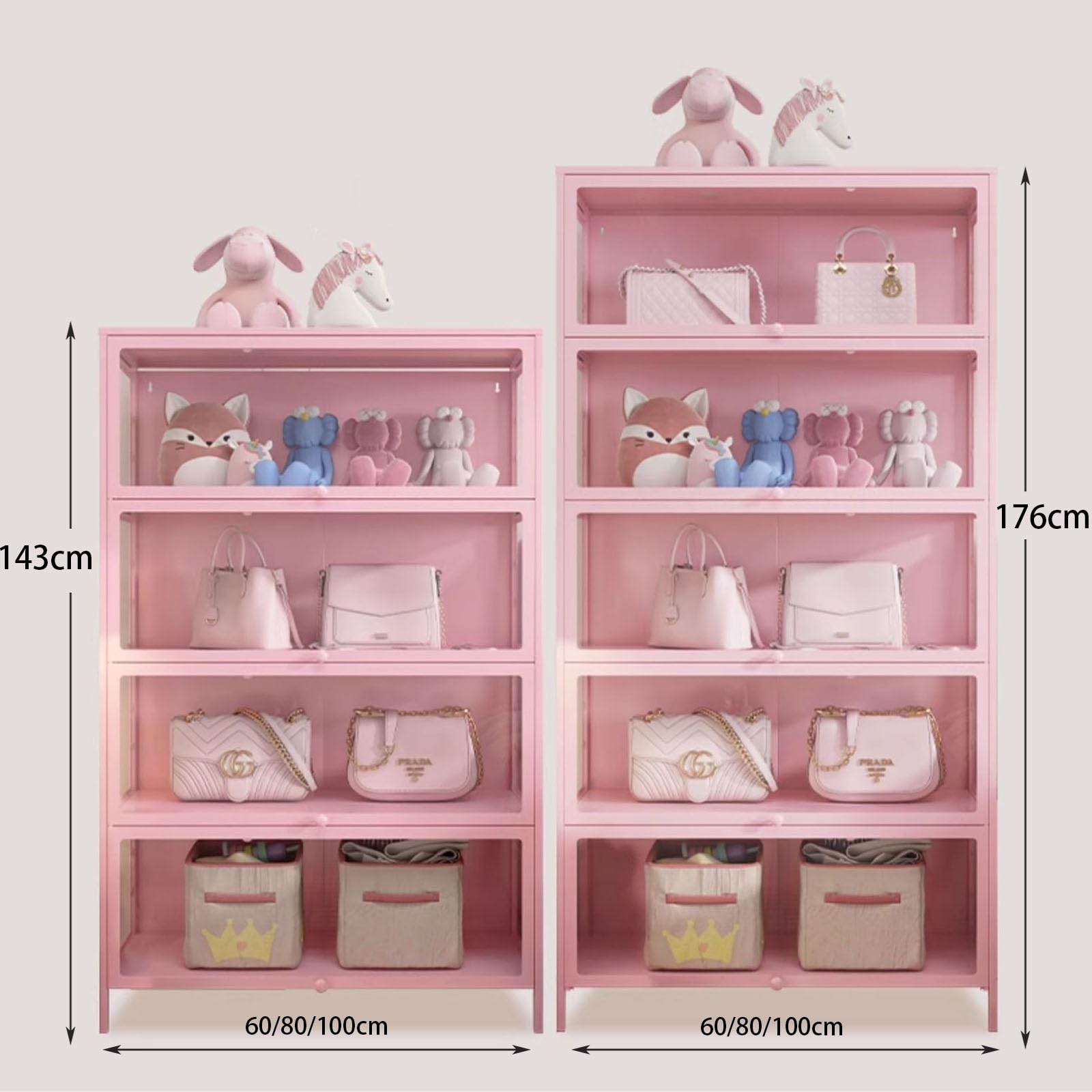Pink Glass Curio Display Cabinet with Acrylic Door - 100x176cm Large Collectible Storage Shelf for Toys, Figurines & Memorabilia - Perfect for Living Room, Bedroom or Office Display