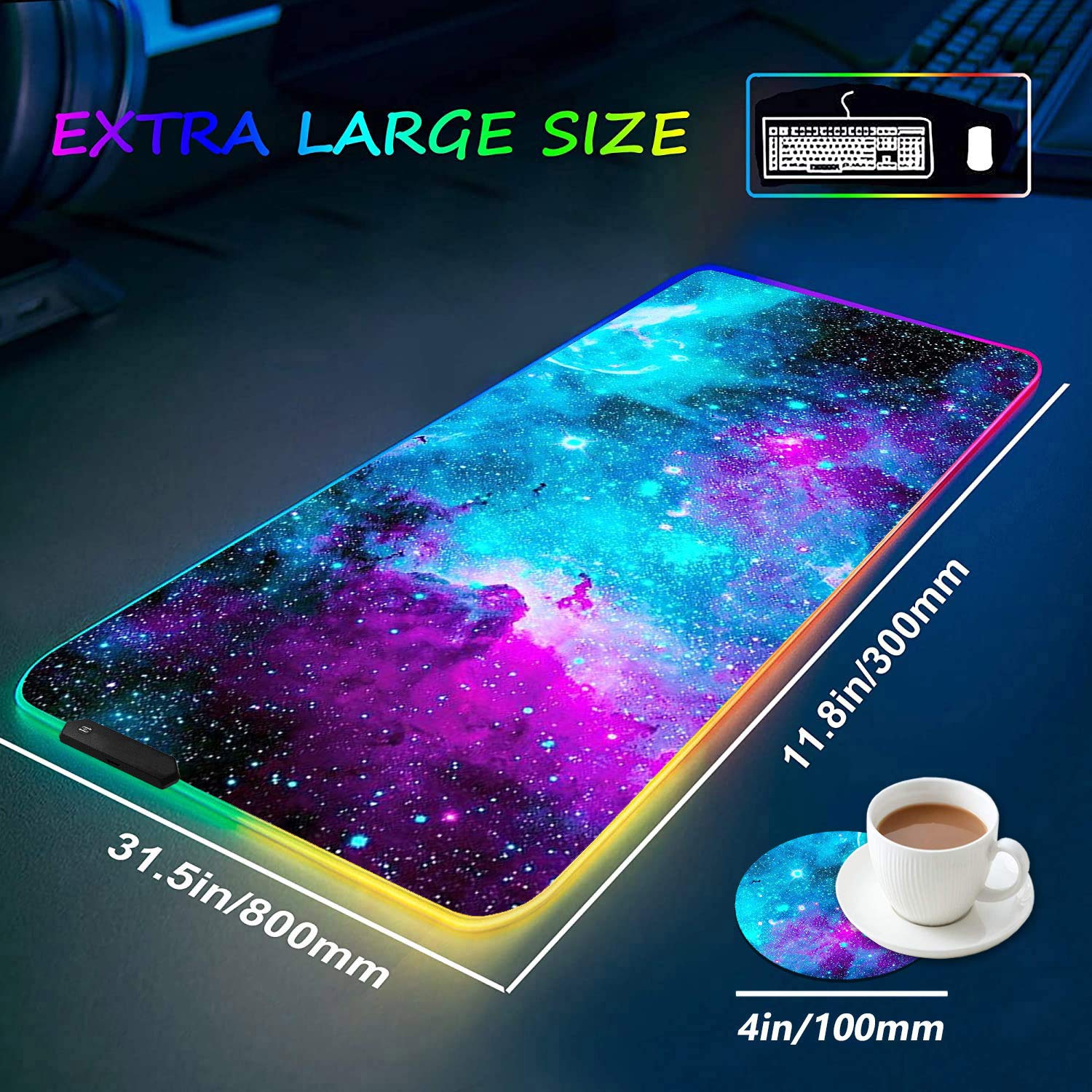 RGB Gaming Mouse Pad with Coffee Coaster - XXL Glowing LED Mouse Mat (31.5