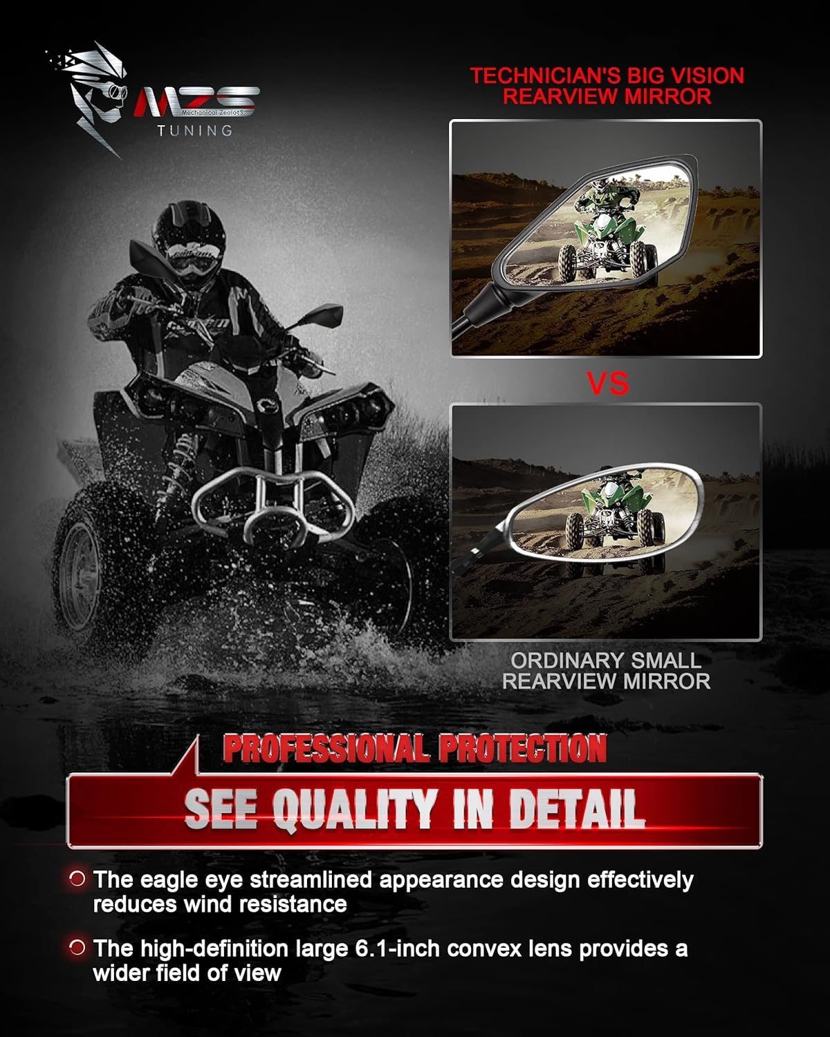 Universal MZS Motorcycle Mirrors 10mm & 8mm - CNC Handlebar Mount ATV Rearview Side Mirrors (Black) for Dirt Bikes, Street Bikes, Adventure Quads, Snowmobiles & Scooters - Enhanced Safety for Off-Road & Urban Riding