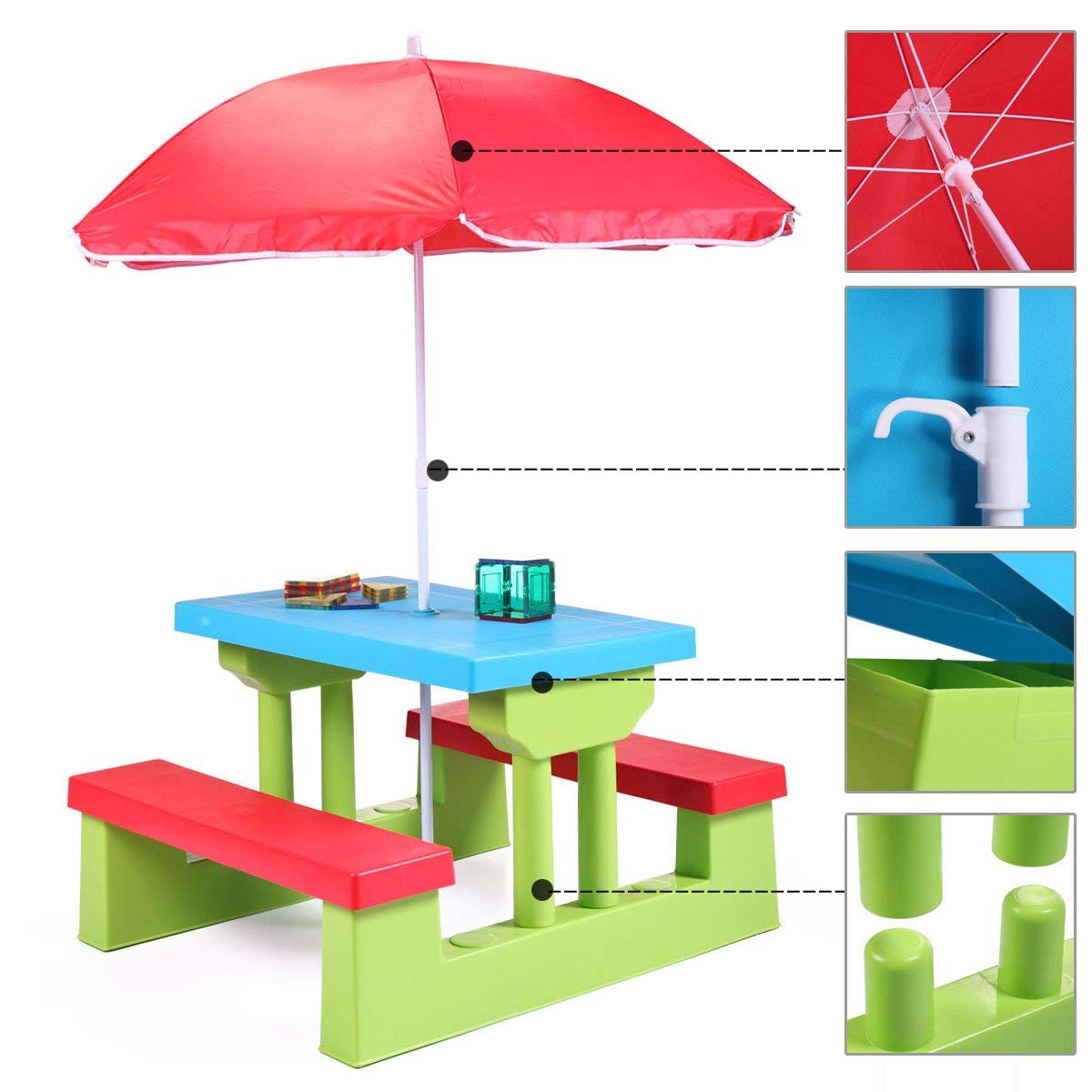 Colorful Kids Folding Picnic Table Set with Umbrella - Outdoor Children's Play Furniture for Backyard, Park & Beach Activities
