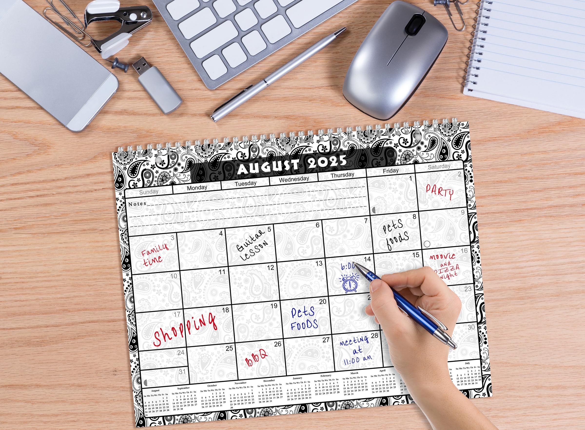 2025-2026 Academic Year 12-Month Wall & Desk Student Planner with 3-Ring Binder - School, Teacher & Student Organizer (Black & White Paisley Design) - Perfect for Classroom, Home Office & Study Planning