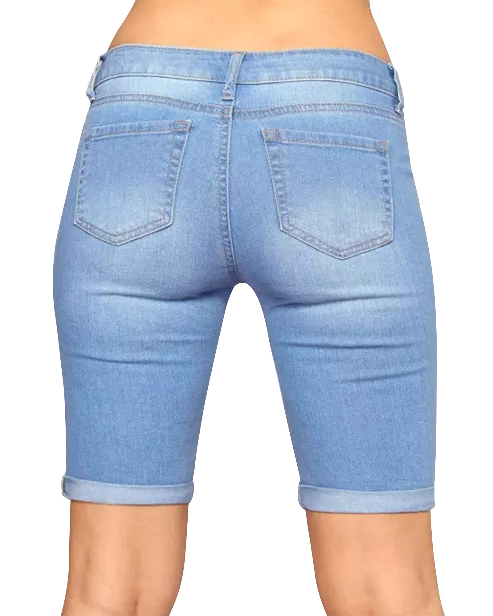 Roswear Women's Distressed Ripped Stretchy Denim Shorts - Knee Length High Waist Jean Shorts for Summer, Casual Outfits & Beach Wear