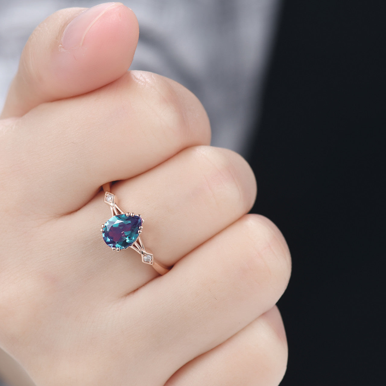14K Rose Gold Three Stone Pear Shaped Alexandrite Engagement Ring - Minimalist Square Accent Wedding Band for Women | Perfect for Proposals, Anniversaries & Special Occasions