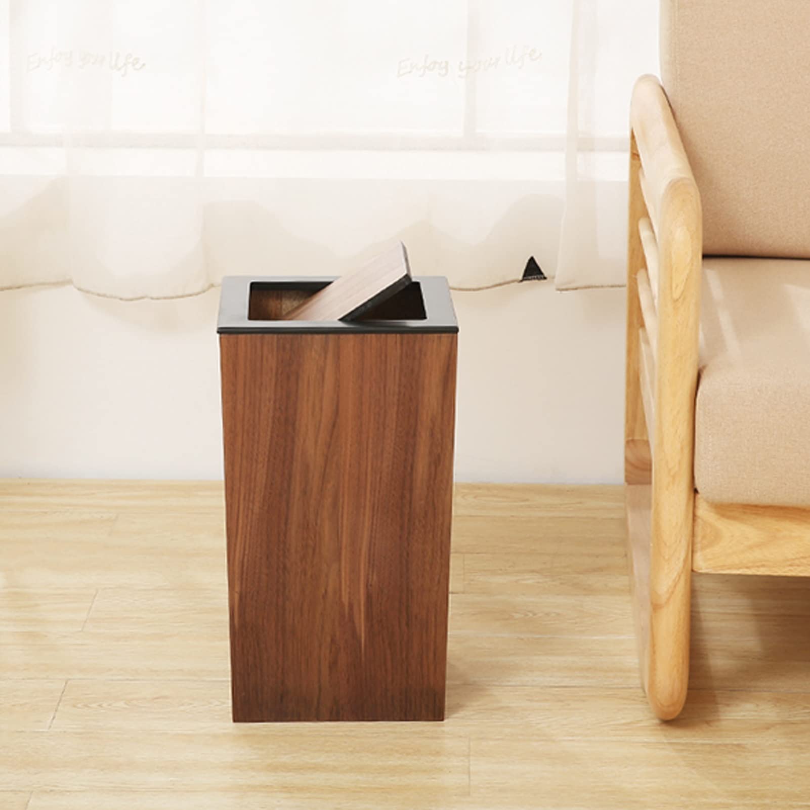 Nordic Style Large Wooden Trash Can with Flip Lid - Square Storage Bin for Living Room, Bedroom, Kitchen & Office - Eco-Friendly Walnut Waste Paper Basket | Perfect for Home, Commercial Spaces & Creative Storage Solutions