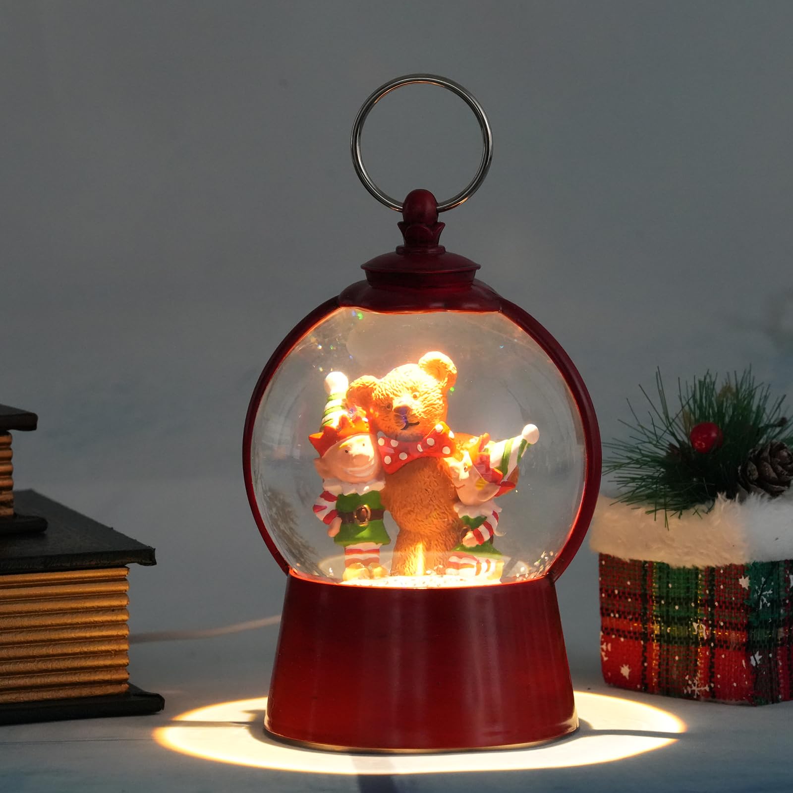 Christmas Snow Globe Lantern with Swirling Glitter - USB/Battery Powered Musical Holiday Decor with 6-Hour Timer - Perfect for Home, Office, Party & Gift Giving - Features Festive Elf & Bear Design
