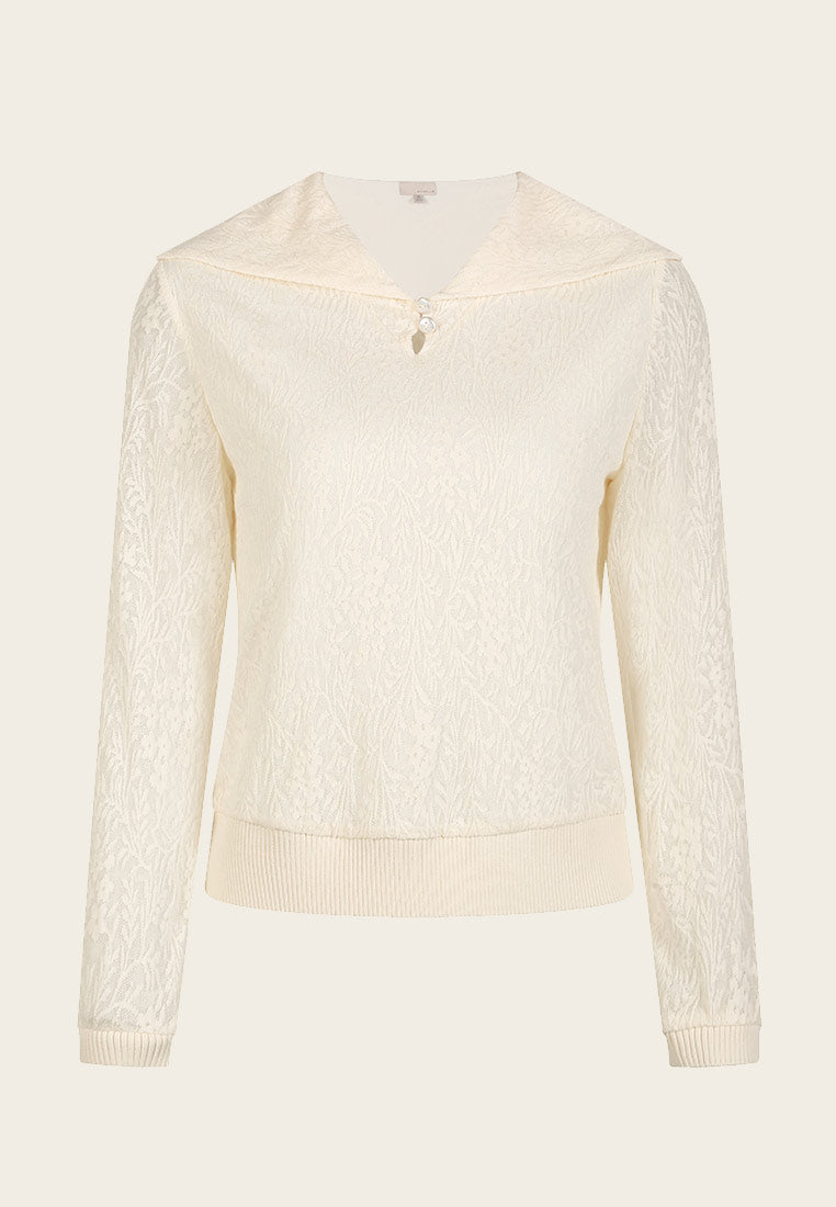 Elegant White Wide Collar Jacquard Knit Long Sleeve Blouse for Women | Vintage-Inspired Office Wear & Casual Outfits