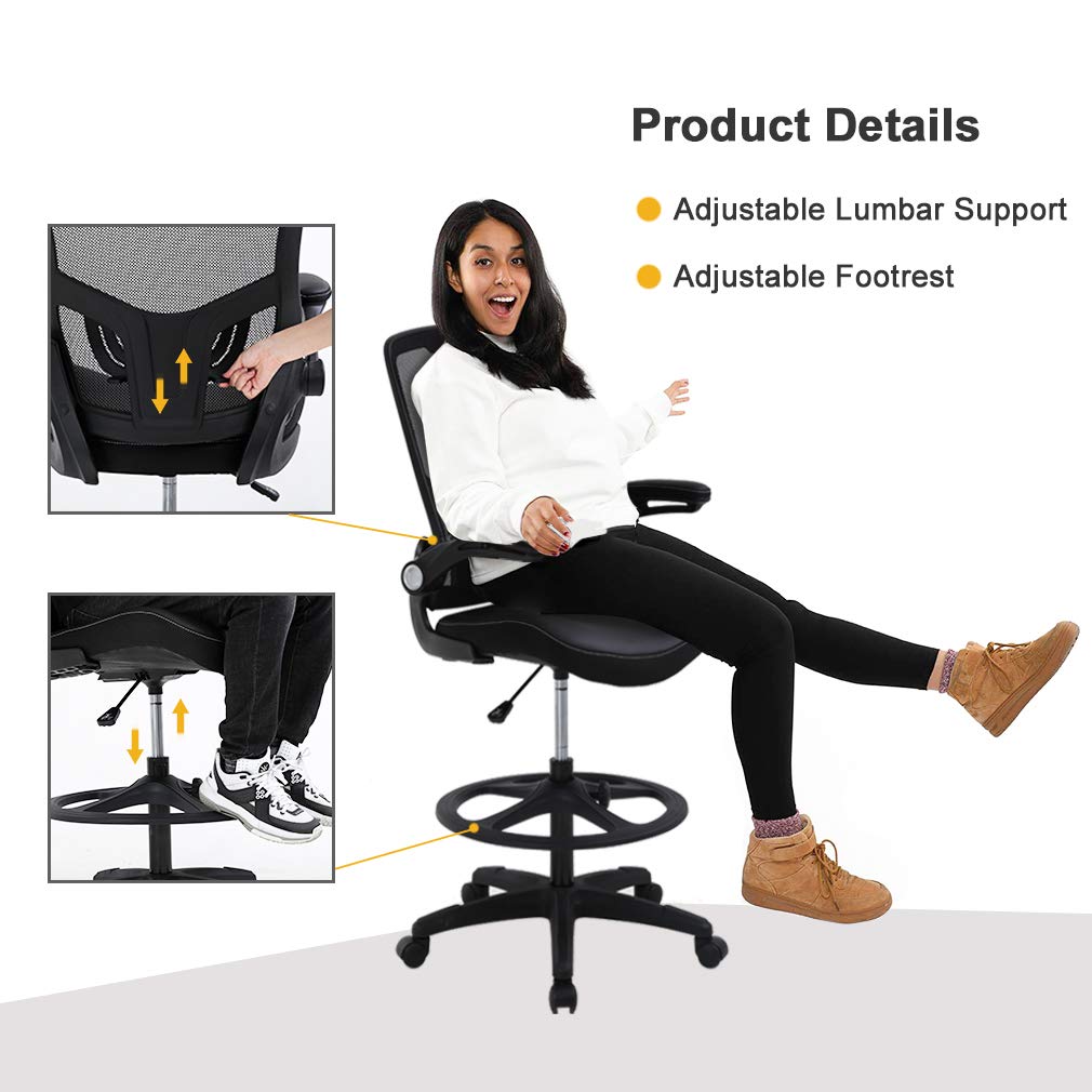 Ergonomic Drafting Chair with Flip-Up Arms, Foot Rest & Adjustable Height - Mesh Office Stool for Standing Desk - Black - Perfect for Architects, Artists & Home Office Workspaces