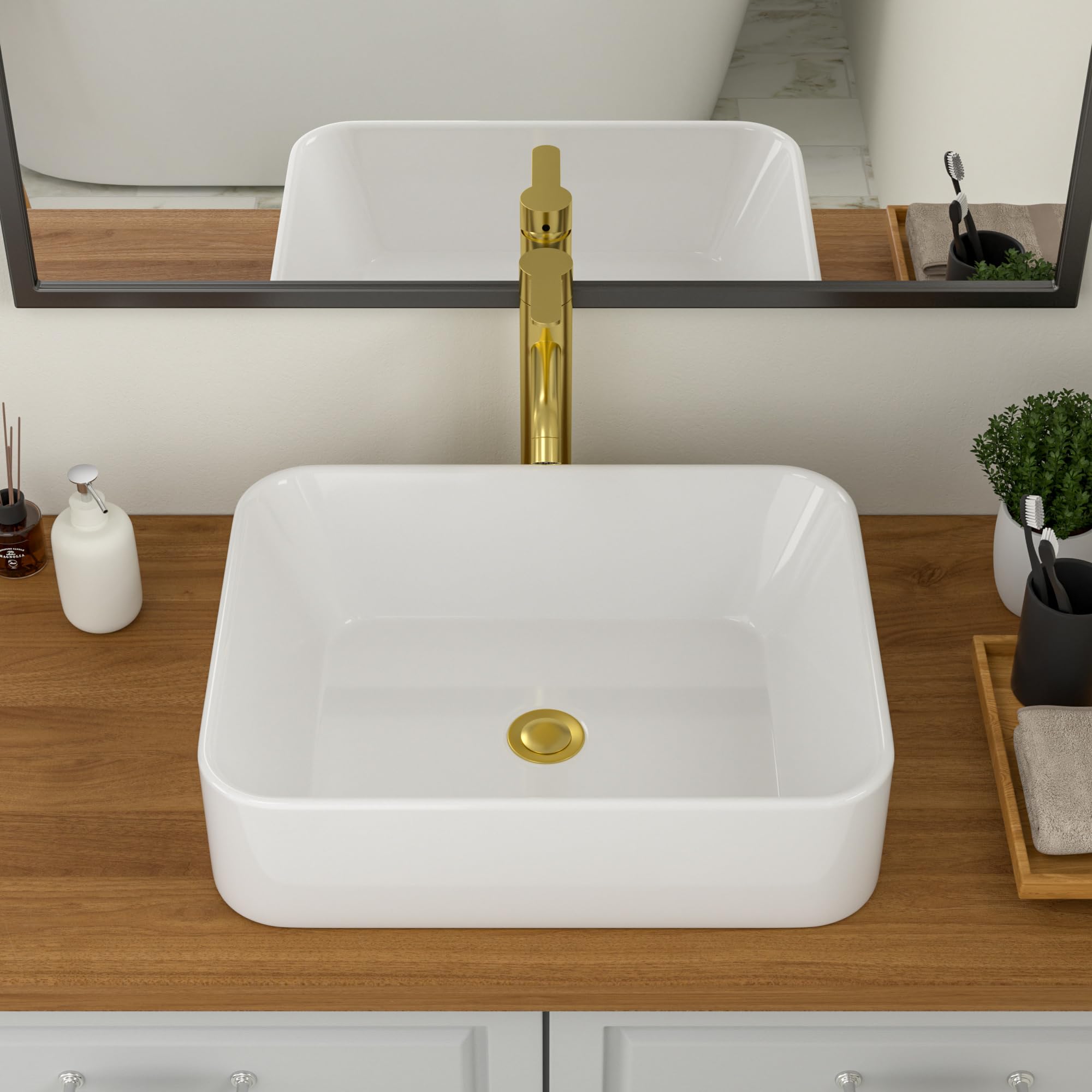 Logmey 19 Inch White Porcelain Bathroom Vessel Sink - Modern Rectangular Ceramic Countertop Basin (19x15 Inch) for Vanity, Powder Room & Master Bath | Above Counter Installation