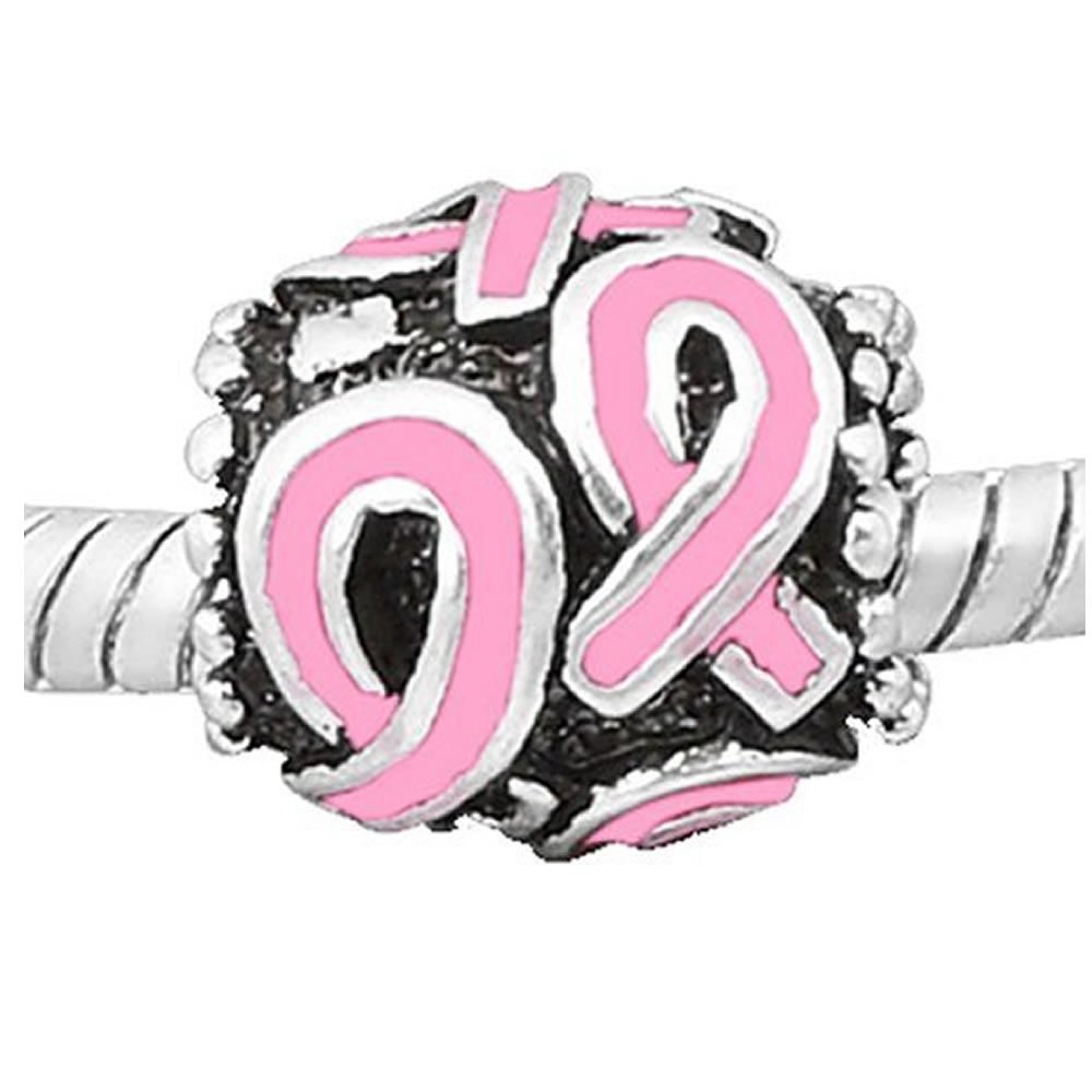 Sexy Sparkles European Pink Awareness Ribbon Charm Bead - Compatible with Snake Chain Charm Bracelets - Perfect for Breast Cancer Awareness Jewelry & Gift Giving