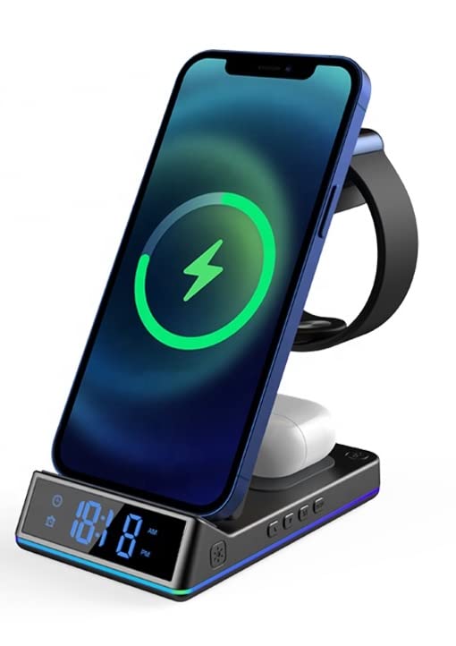 5-in-1 Fast Wireless Charging Station with Digital Clock - Compatible with iPhone 12/13/Pro/Max/Mini, AirPods 2/3/Pro, Apple Watch Series 2-7/SE (Includes QC 3.0 Adapter) - Black | Perfect for Bedside, Office & Travel Charging