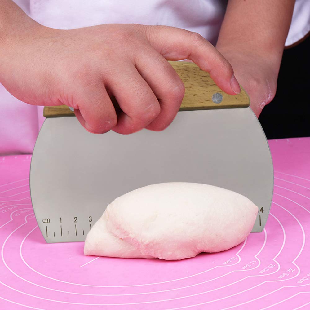 TINMIX Stainless Steel Dough Scraper - Wood Handle Pastry Cutter & Chopper with Non-Slip Grip & Measurement Marks - Essential Baking Tool for Cookies, Pies & Bread Making - Perfect for Home Bakers & Professional Kitchens