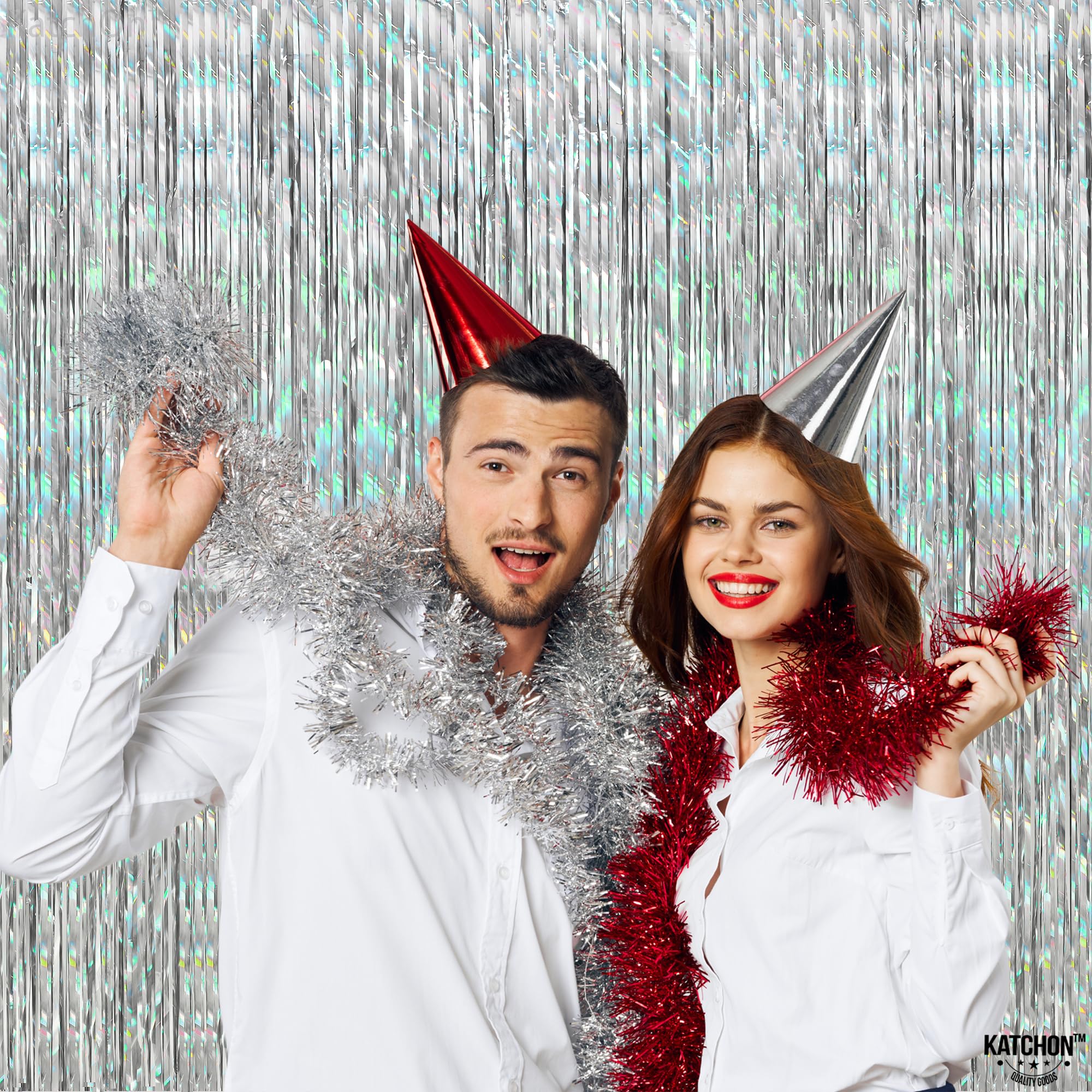 KatchOn Holographic Silver Streamer Backdrop - XtraLarge 3.2x8 Feet, Pack of 2 | New Year Party Decorations | Disco Party Supplies | Perfect for NYE Celebrations, Birthday Parties & Photo Booth Backgrounds