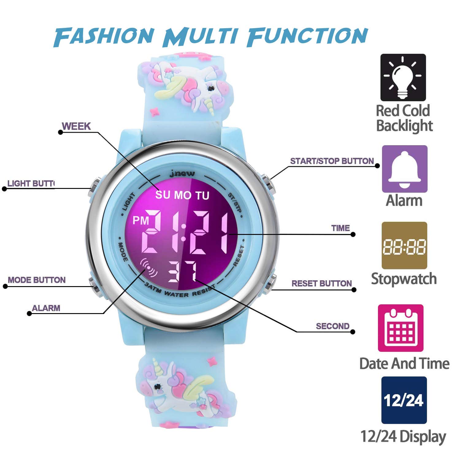 Cofuo Girls Digital Watch for Kids Age 3-12 - 3D Cartoon Waterproof LED Sports Watch with Luminous Display, Alarm & Stopwatch - Perfect Birthday Gift for Toddlers & Outdoor Play
