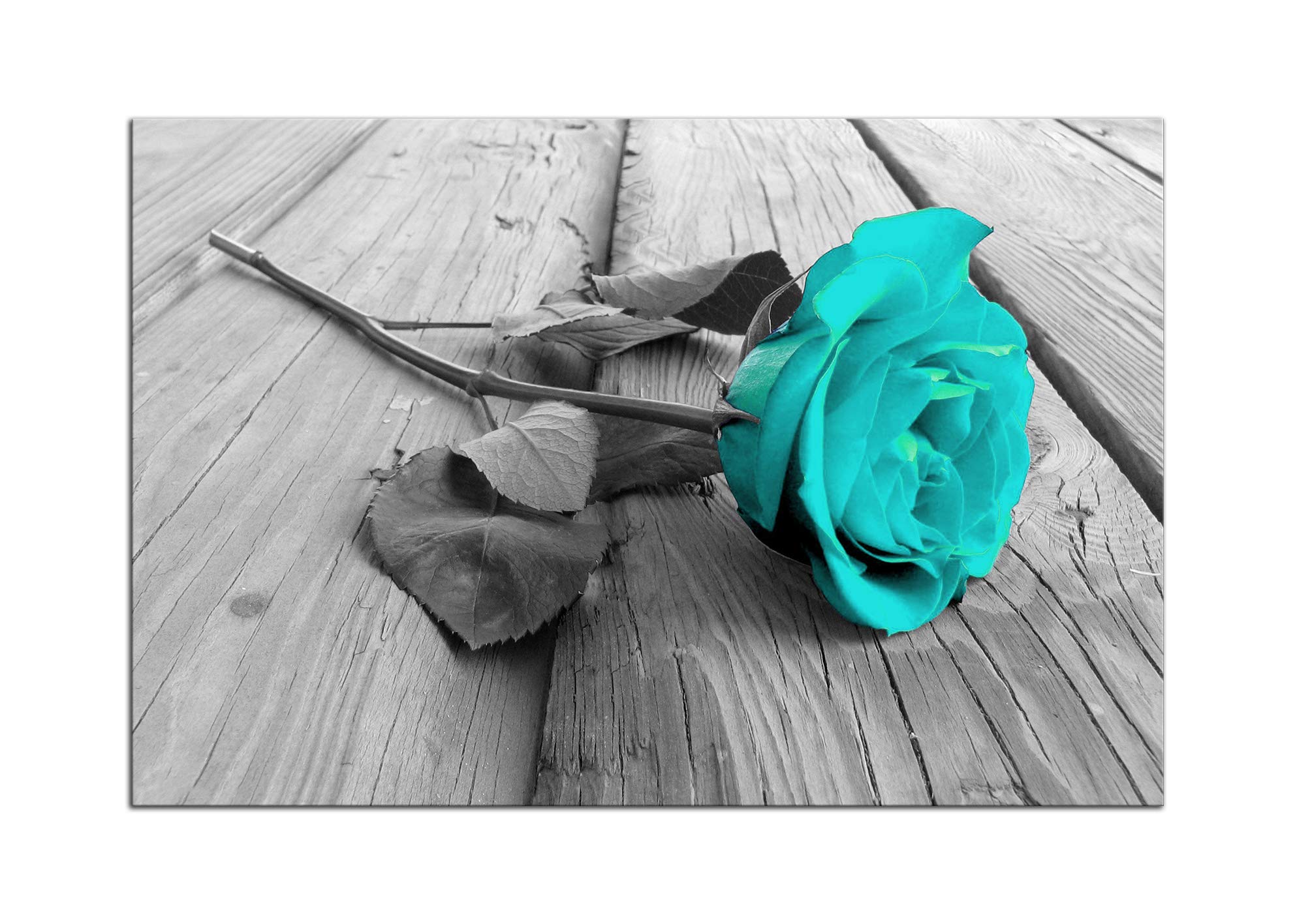 Modern Floral Canvas Wall Art - Black White Teal Rose Flower on Grey Wooden Board, Stretched & Framed Ready to Hang | Home Decor for Living Room, Bedroom, Bathroom | Perfect for Farmhouse, Boho & Contemporary Interior Design