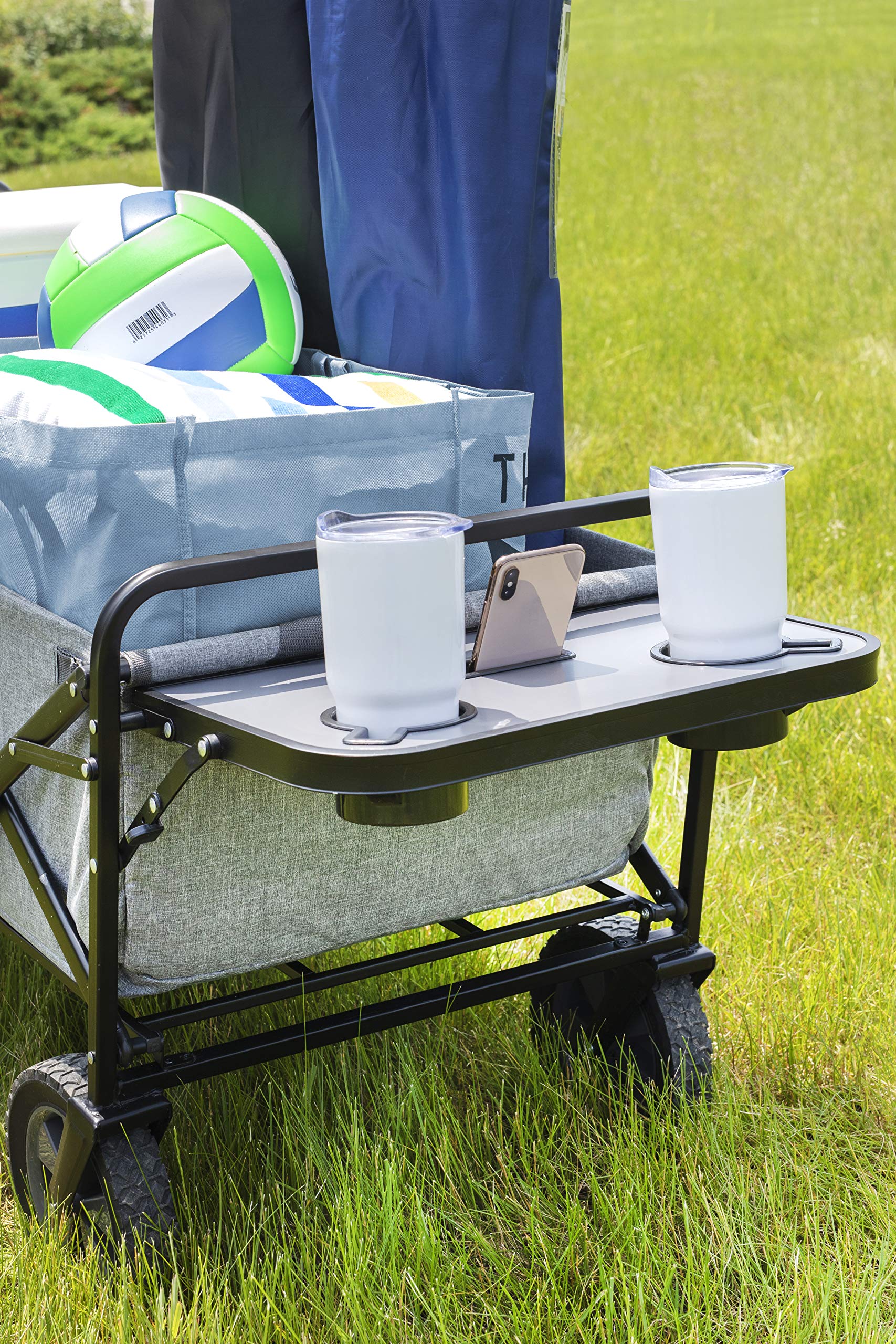 Mac Sports Collapsible Folding Outdoor Utility Wagon with Side Table - Light Grey Portable Cart for Beach, Camping, Picnic & Garden Use