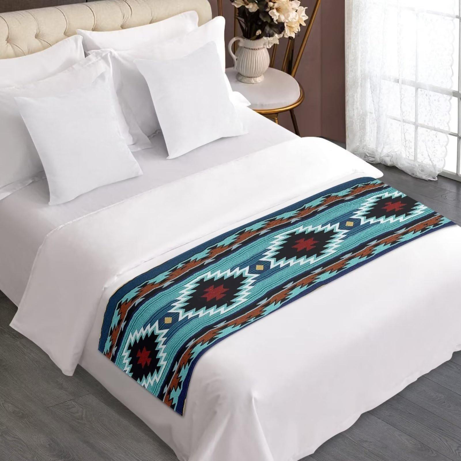 Southwestern Aztec Queen Size Bed Runner - Boho Western Bedding Scarf, Soft Tribal Navajo Blue Foot of Bed Decor for Home & Bedroom Styling | Perfect for Boho, Farmhouse, or Southwestern Themed Bedrooms