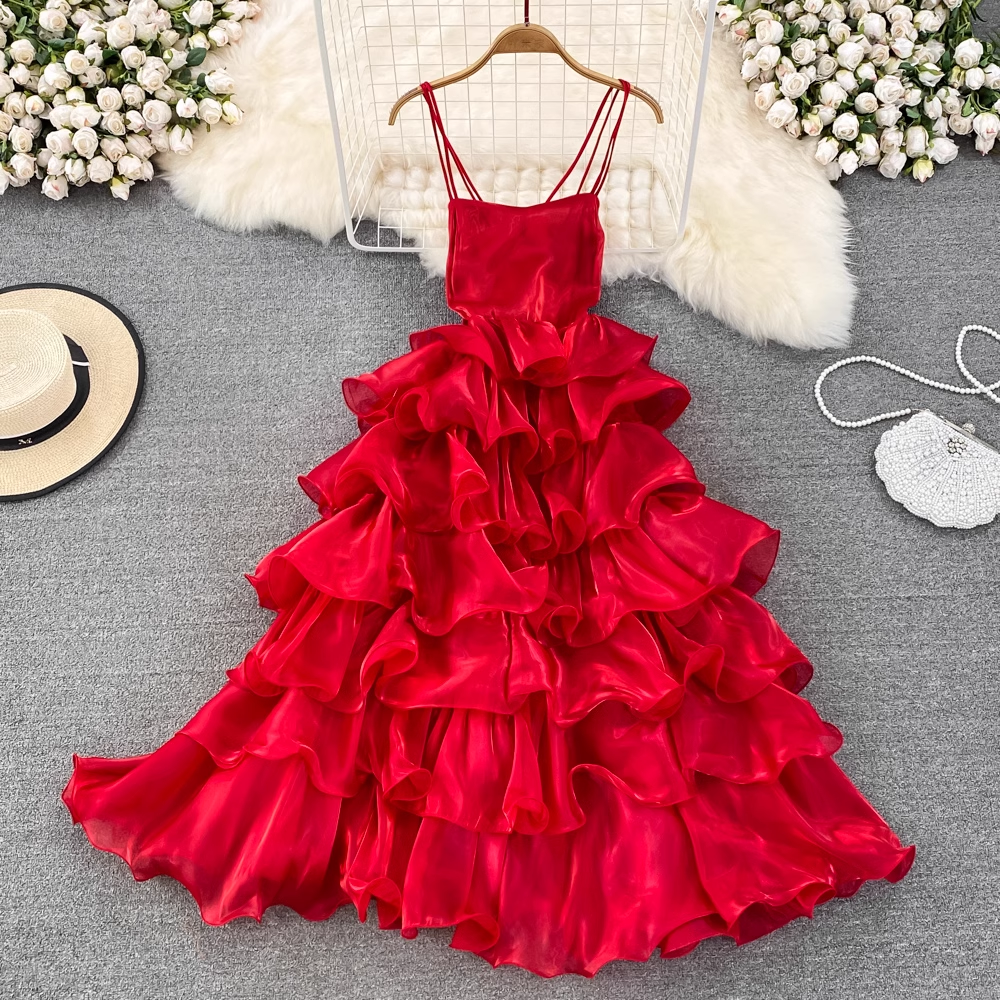Fairy Spaghetti Strap Dress - Retro A-Line Ruffle Cake Dress for Women | Summer Floral Sundress | Perfect for Beach Vacation, Date Night & Party Wear