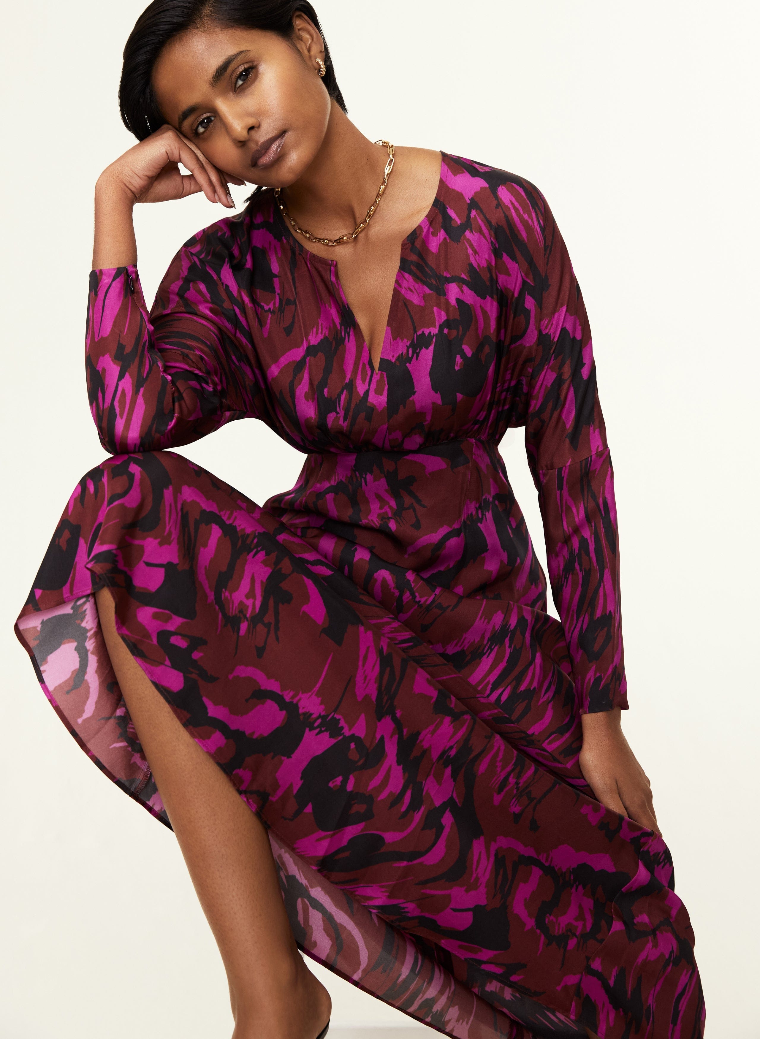 Ekaterina Women's Viscose Satin Dress - Flowy Magenta Swirl Print Midi Dress for Party, Wedding & Special Occasions