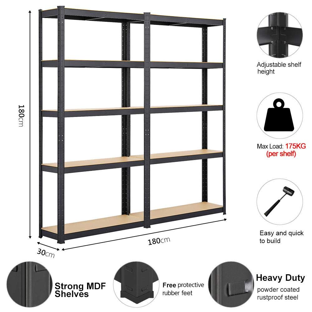 Yaheetech 2-Pack Heavy Duty 5-Tier Metal Garage Shelving Units - 90 x 30 x 180cm Black Storage Shelves with 175KG Capacity Per Shelf - Perfect for Garage Organization, Warehouse Storage & Home Utility Racks