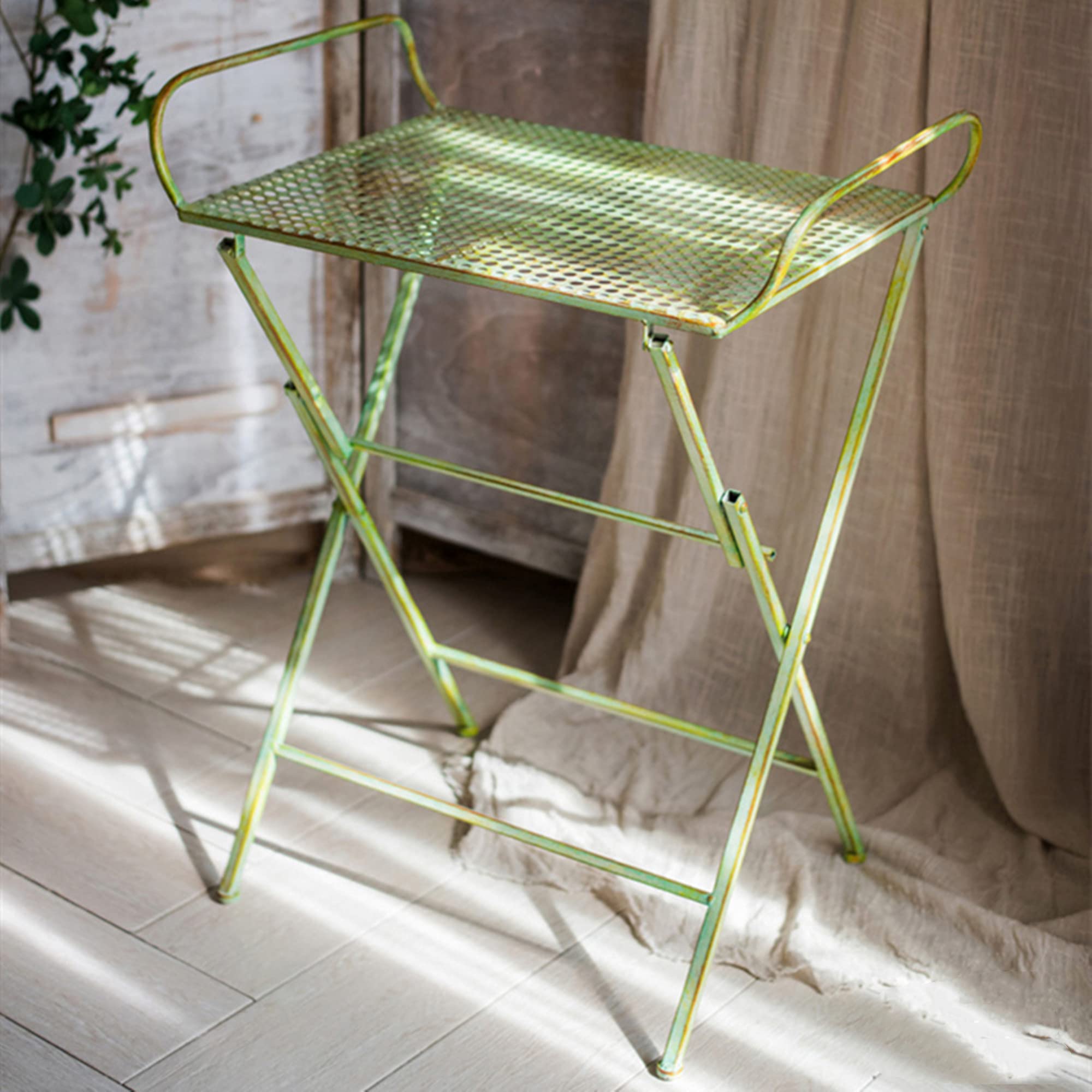 Vintage Green Folding Outdoor Side Table - Portable Wrought Iron Patio Bistro Table for Garden, Backyard, Picnic & Coffee | Perfect for Camping, Balcony Dining & Outdoor Decor