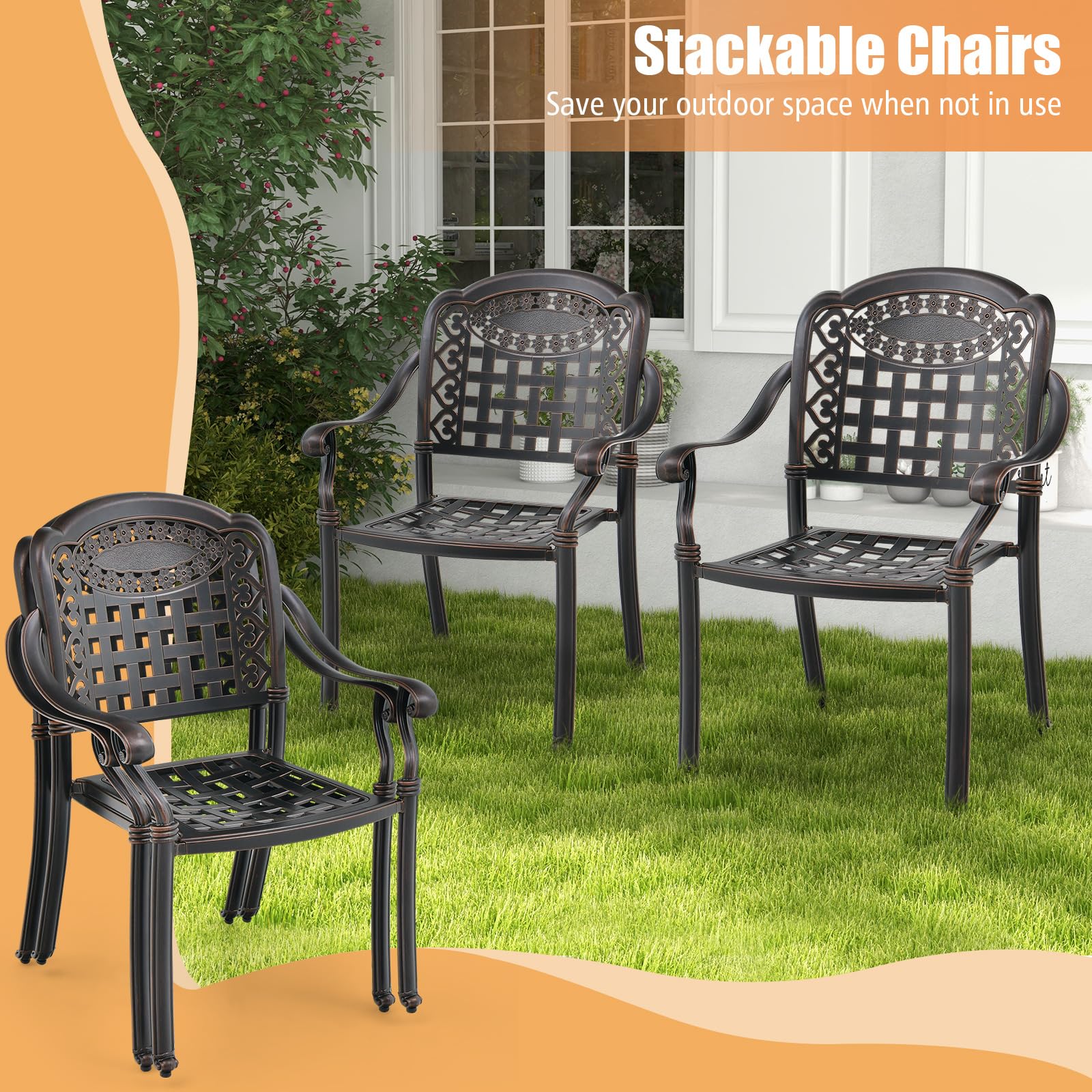 Tangkula 4-Piece Stackable Cast Aluminum Outdoor Dining Chairs Set with Armrests - Patio, Garden, Balcony & Backyard Furniture for Relaxing & Entertaining