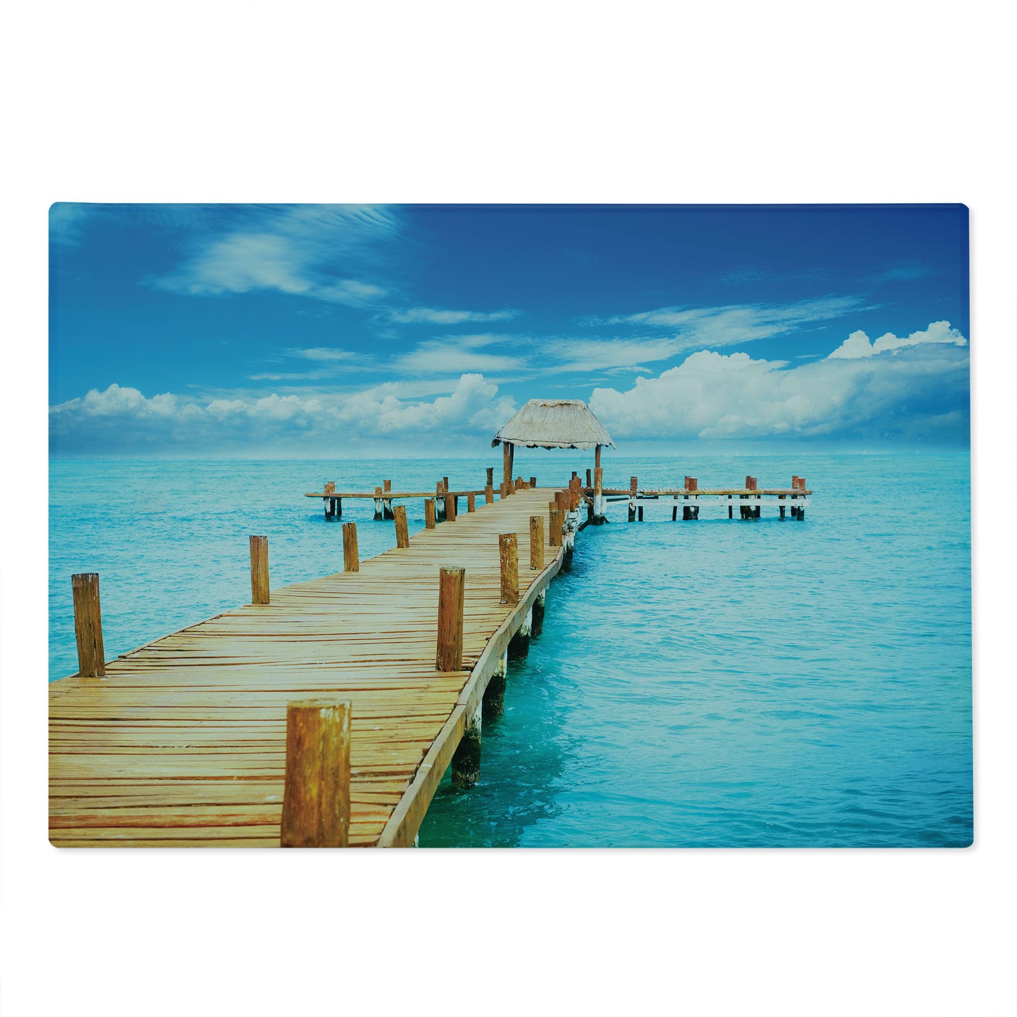 Lunarable Tropical Cutting Board - Bungalow on Clear Sea Beach Scenic View, Decorative Tempered Glass Serving Board - Large Size Pale Brown Blue Aqua - Perfect for Kitchen Prep, Charcuterie Display & Home Decor