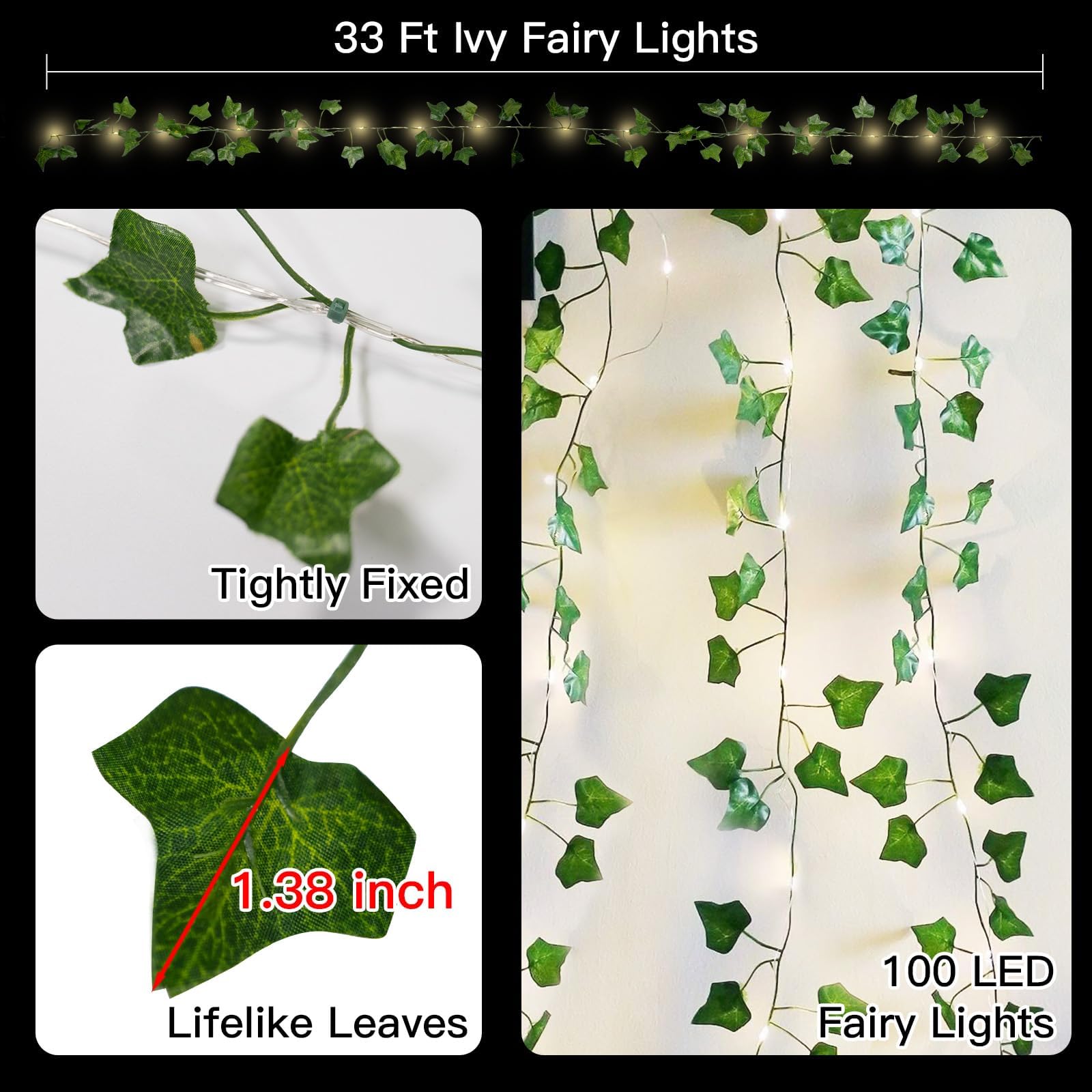 33ft 100 LED Battery Operated Ivy Vine String Lights with Remote - Warm White Fairy Lights for Bedroom, Wall, Garden, Wedding & Party Decor | Perfect for Indoor/Outdoor Romantic Ambiance, Holiday Lighting and Special Events