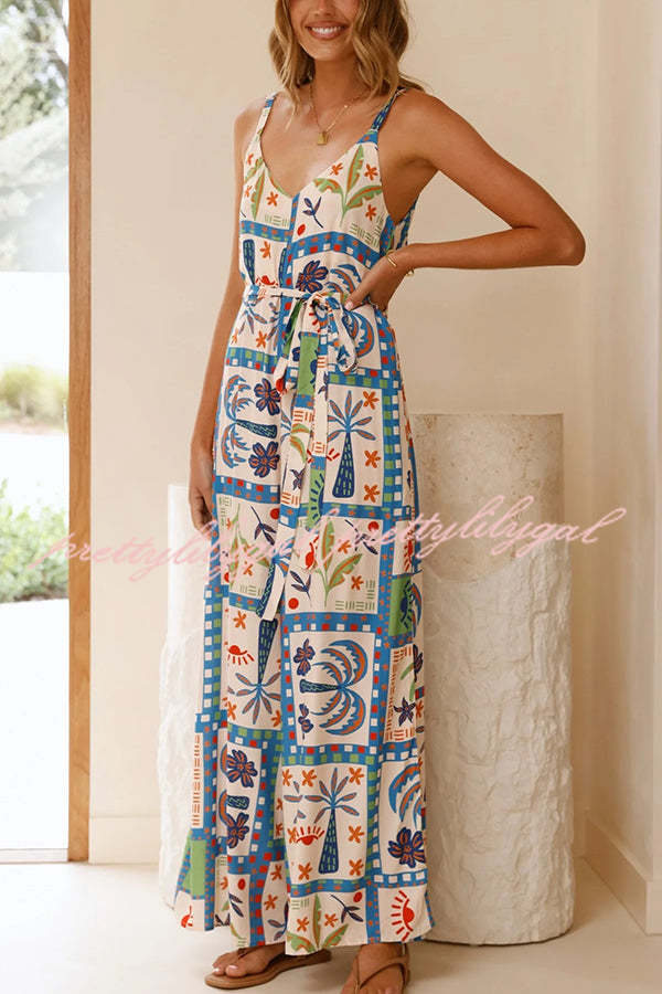 Stylish Beach Vacation Print V-Neck Suspenders Wide Leg Jumpsuit - Perfect for Summer Outings, Vacations & Casual Wear