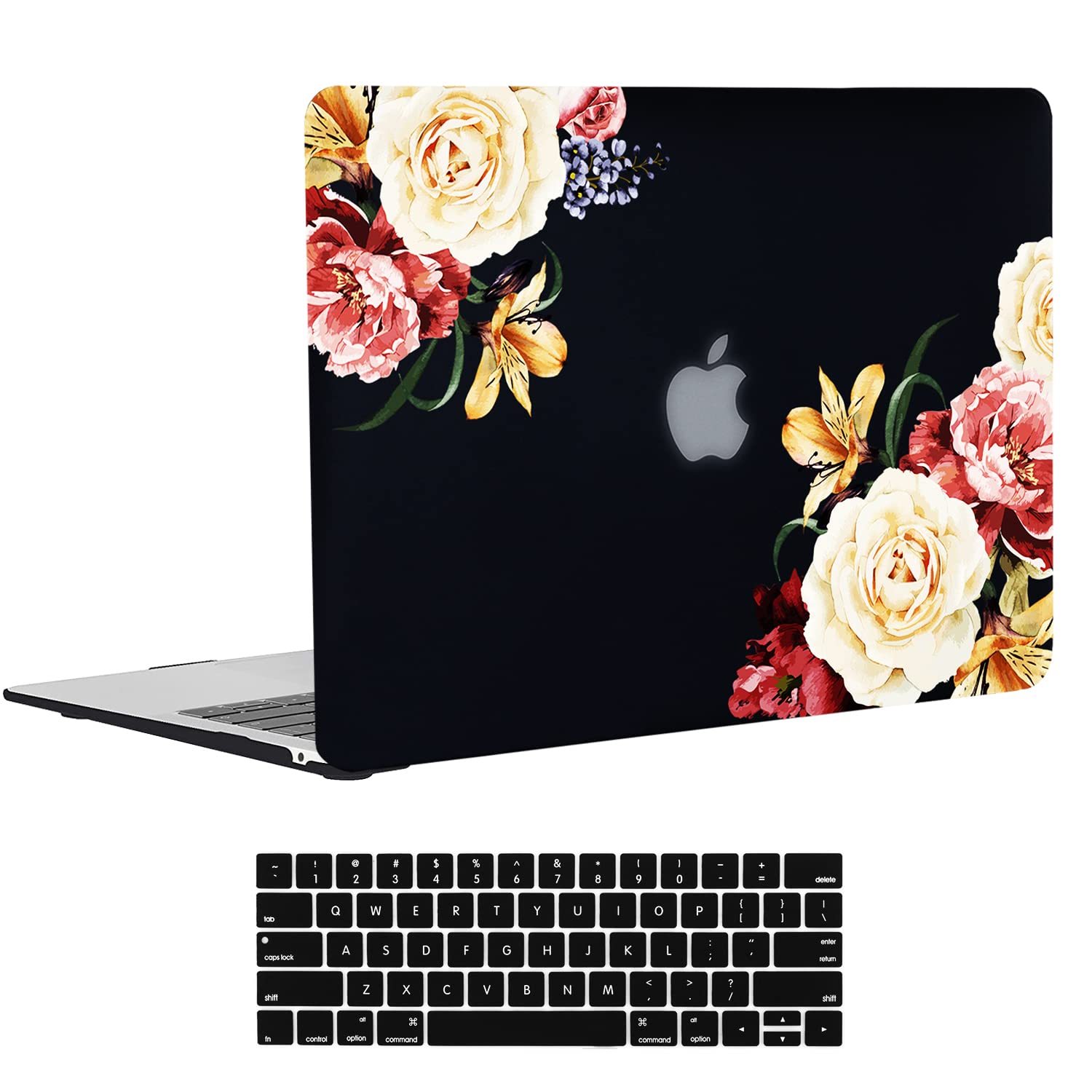 EkuaBot Matte Hard Protective Case for MacBook Pro 13 inch (2016-2019 Models A2159/A1989/A1706/A1708) - Black Peony Design with Keyboard Cover | Slim Durable Shell for Work, Travel & School Use