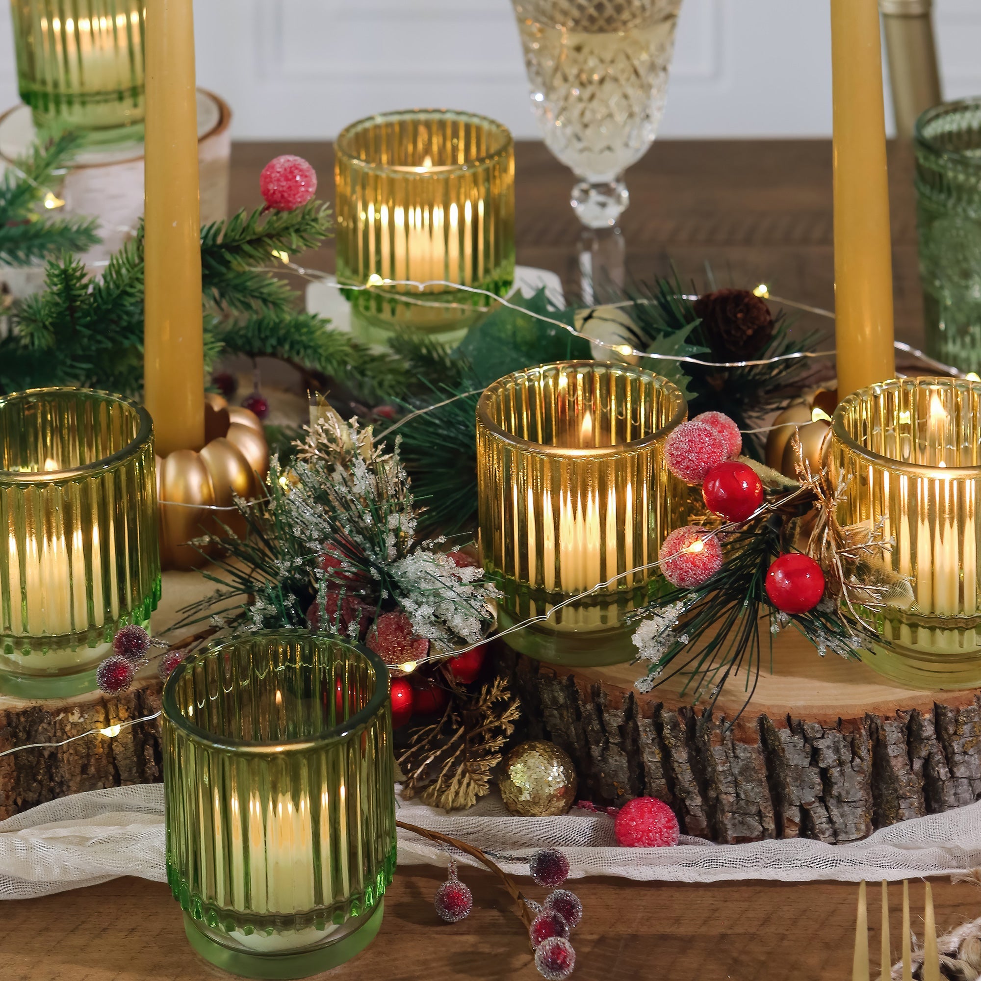 Elegant Ribbed Green Glass Votive Candle Holders - Set of 6 for Home Decor, Wedding Centerpieces & Romantic Ambiance Lighting