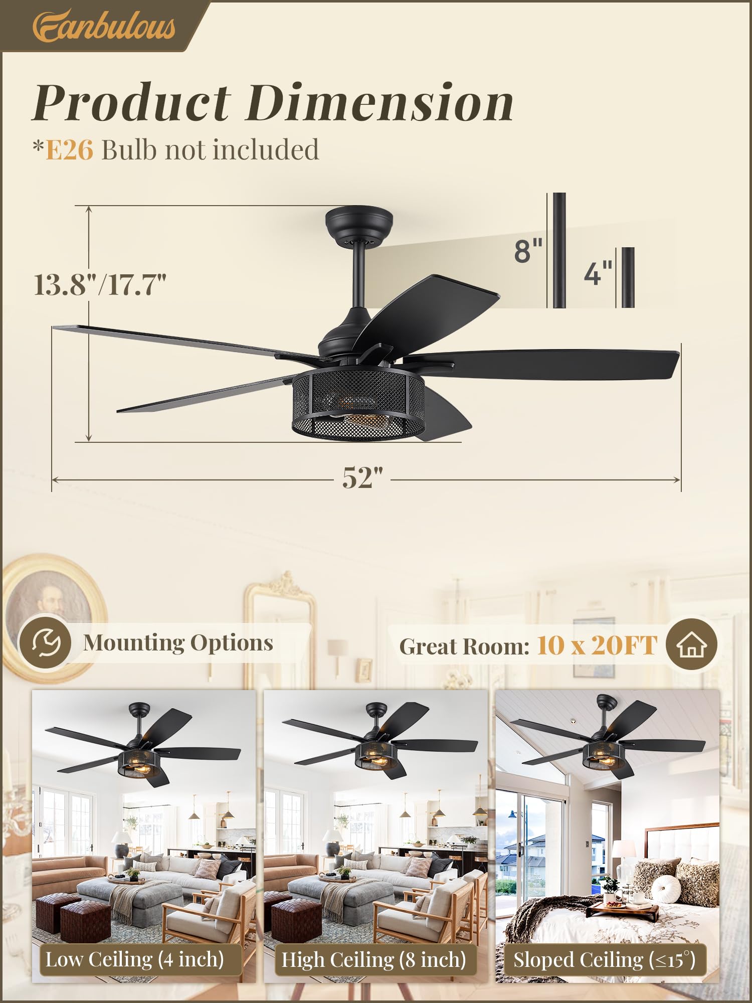 52 Inch Black Industrial Caged Ceiling Fan with Lights & Remote - 6 Speed Reversible Quiet DC Motor, Dual Finish 5 Blades - Farmhouse Style for Bedroom, Living Room & Kitchen - Perfect for Home Cooling and Decoration