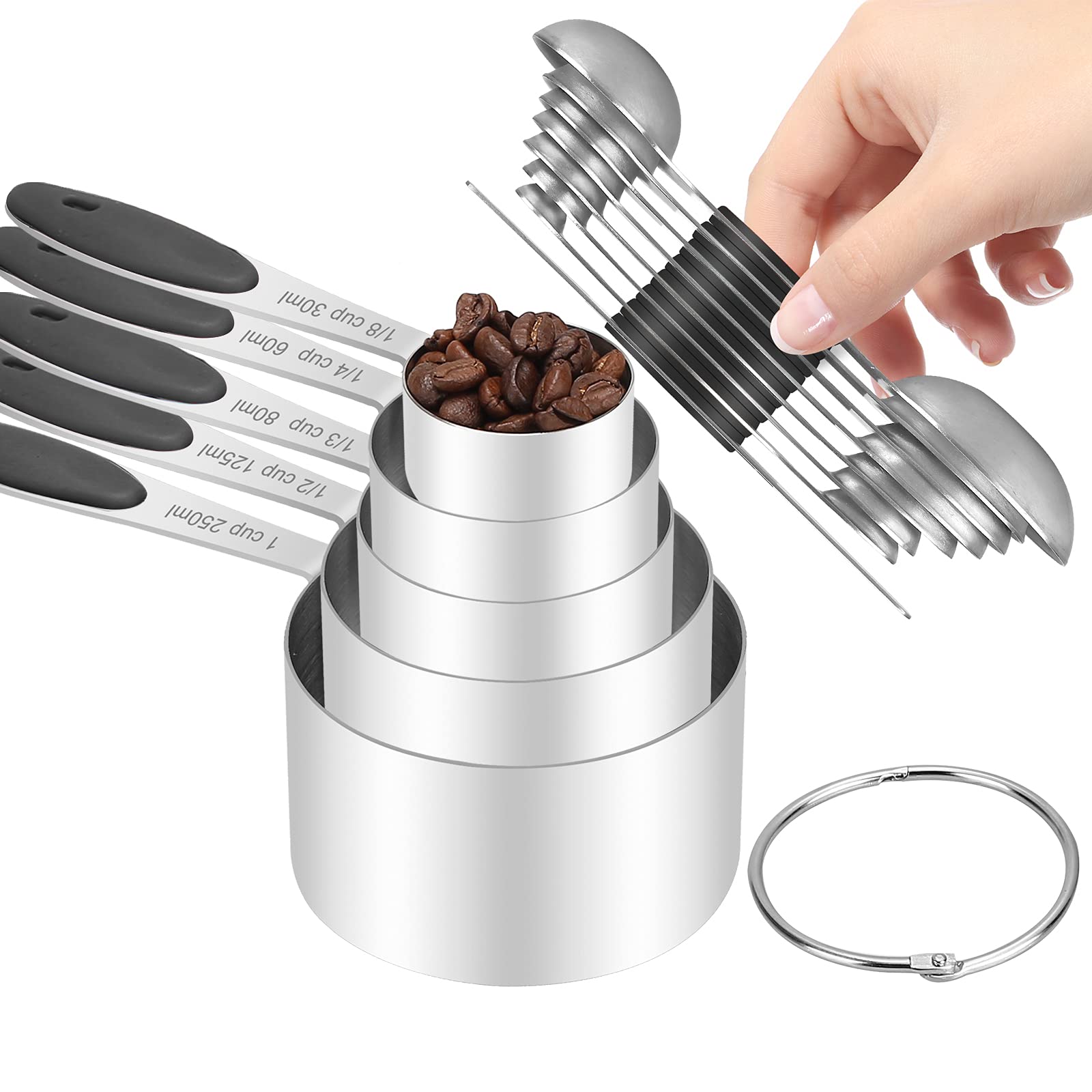 Premium Stainless Steel Measuring Cups and Spoons Set - 5 Nesting Cups & 7 Spoons with Leveler for Baking, Cooking - Perfect for Dry & Liquid Ingredients (Black) | Ideal for Home Kitchen, Professional Baker, Gift for Cooking Enthusiasts