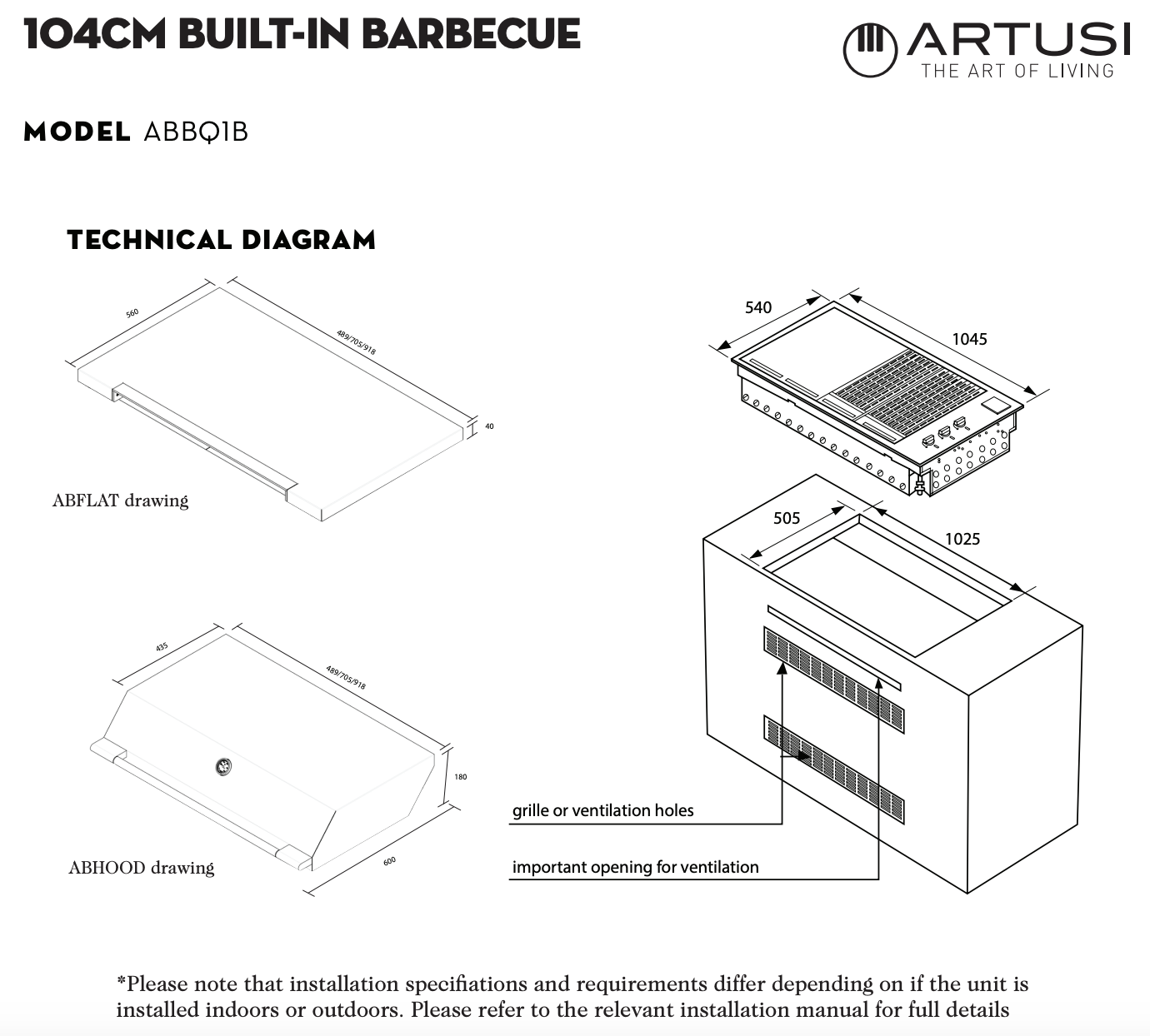 Artusi ABBQ1B 1046mm Built-In 4-Burner Gas BBQ Grill - Outdoor Cooking for Backyard, Patio & Garden Parties (Black)