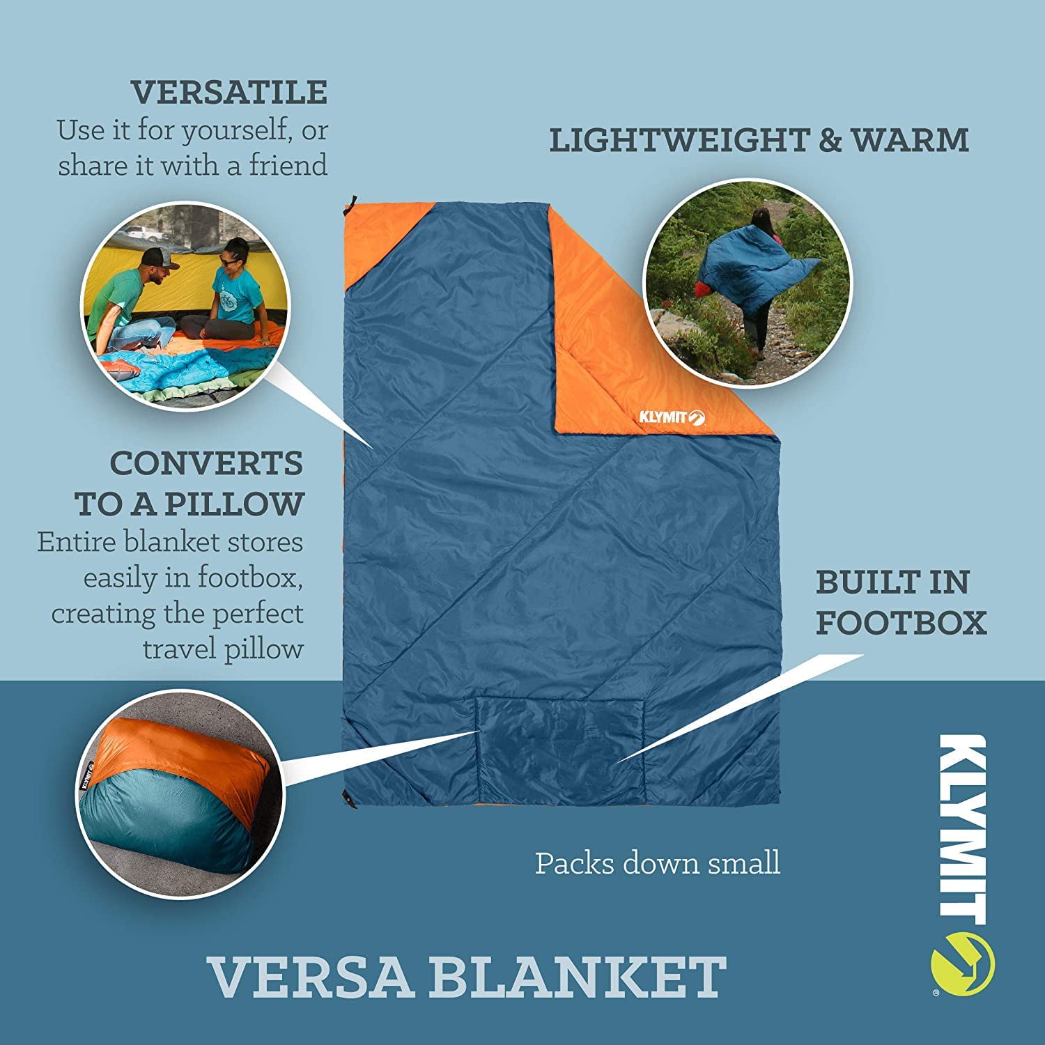 Klymit Versa Packable Camping Blanket & Comforter - Lightweight, Water-Resistant Outdoor Blanket for Hiking, Picnics, Travel and Emergency Survival Gear