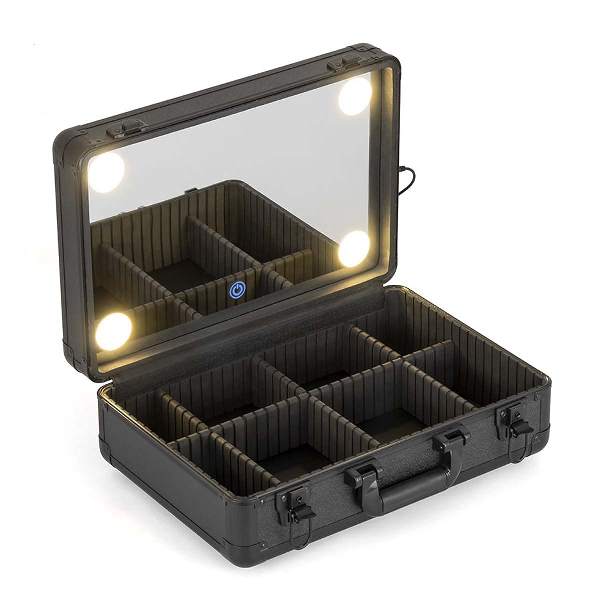 Professional Makeup Case with LED Lights & Mirror - Lockable Cosmetic Train Case with Keys, Jewelry Organizer & Removable Trays - Portable Travel Makeup Storage with Handle for Home, Salon & On-the-Go Use