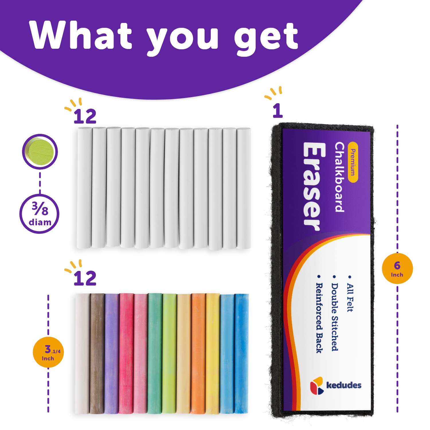 Dustless Chalk Set with Eraser - 25 Pcs (12 Colored & 12 White Chalk) for Smooth Writing on Blackboards - Includes 1 Felt Chalkboard Eraser - Perfect for Classrooms, Home Schooling & Art Projects