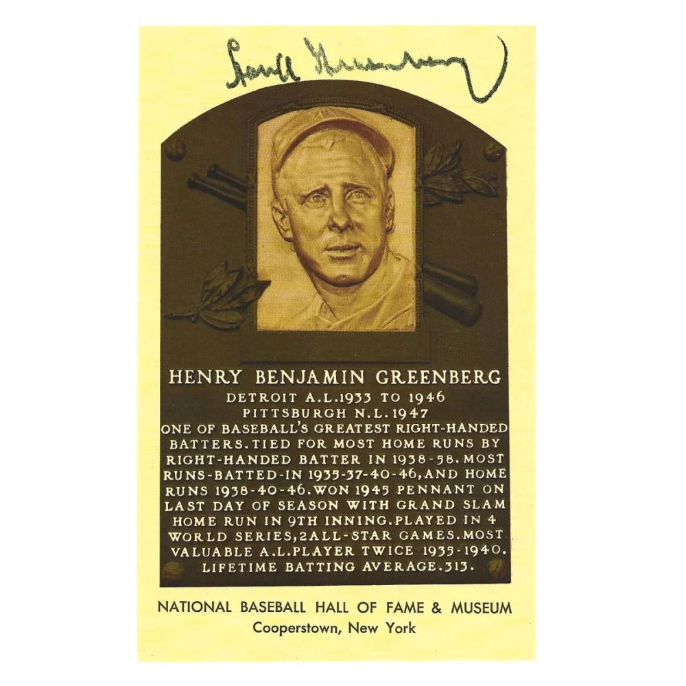 Hank Greenberg Autographed Hof Plaque Postcard with JSA COA - Detroit Tigers Memorabilia - Perfect for Baseball Fans, Collectors, and Sports Memorabilia Displays