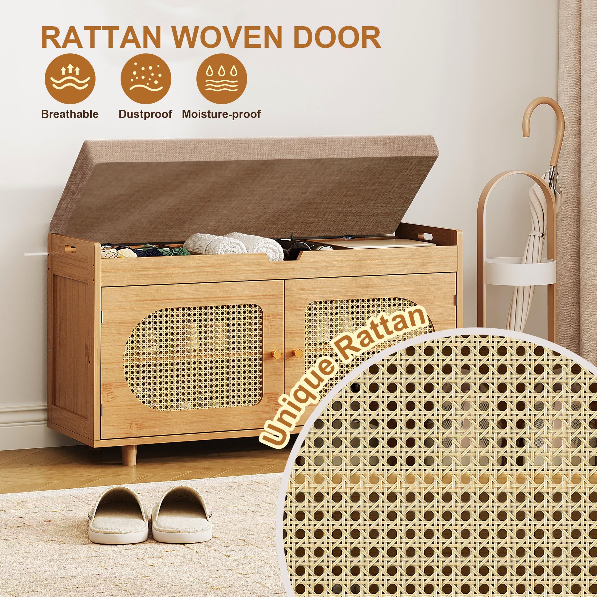 Rattan Shoe Storage Bench - Entryway Organizer with Bamboo Shoe Cabinet, Brown | Space-Saving Shoe Rack for Hallway, Bedroom & Mudroom Organization